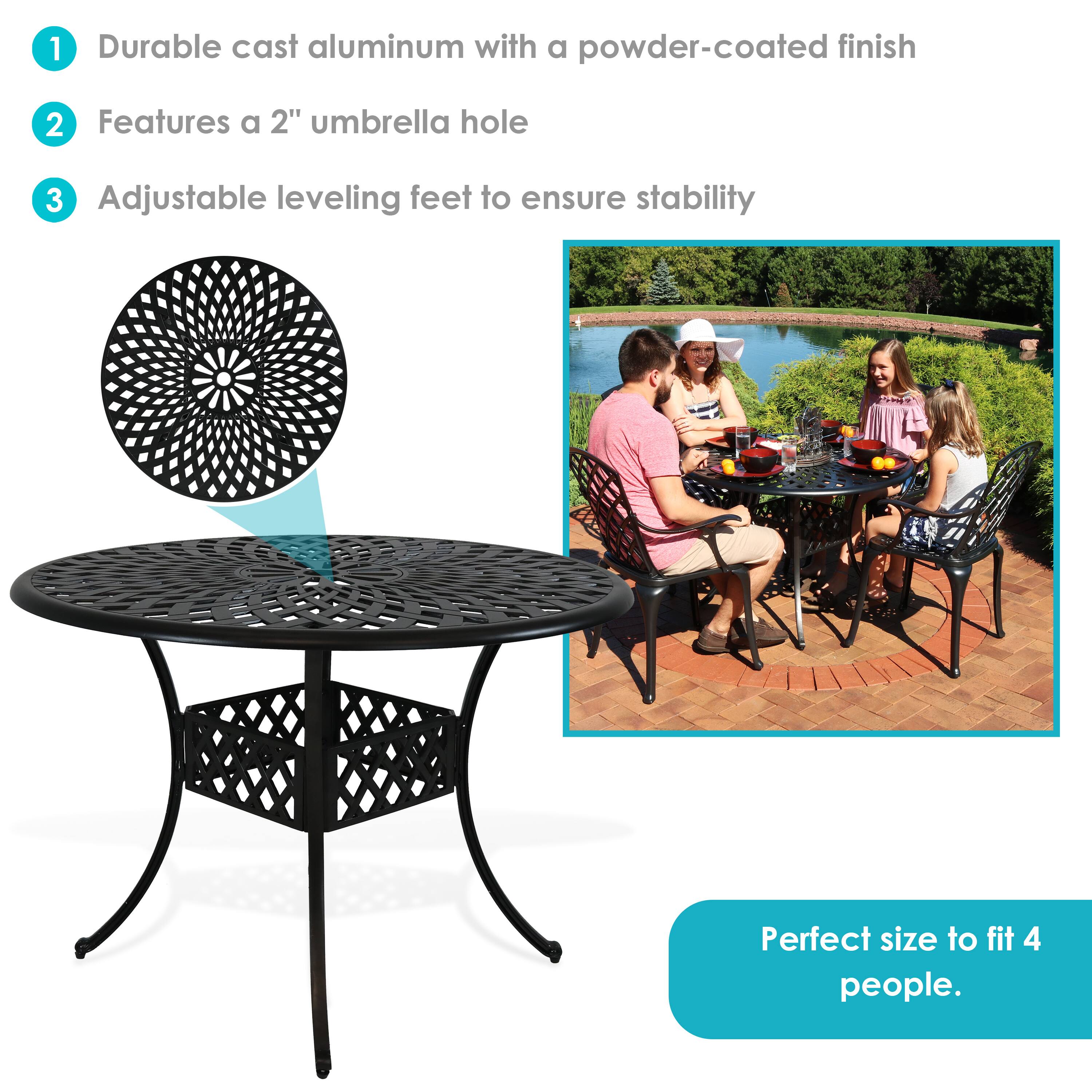 1. Durable cast aluminum with a powder-coated finish  
2. Features a 2" umbrella hole  
3. Adjustable leveling feet to ensure stability  
Perfect size to fit 4 people.