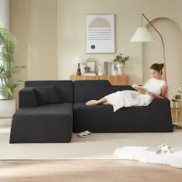 Loheer - Modern Minimalist L-Shaped Corduroy Sofa High Back Sectional Couch 96 Inch for Living Room - Black