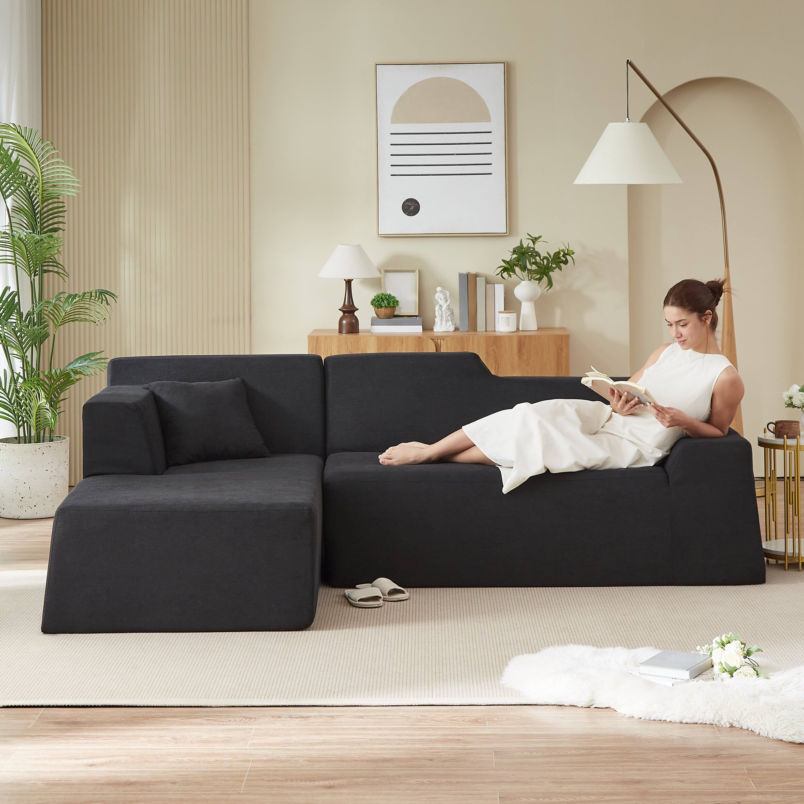 Angle. Anysun - Anysun L-Shaped Design Left-Facing Modern Minimalist Corduroy High Raised Thickened Back Sofa - Black.
