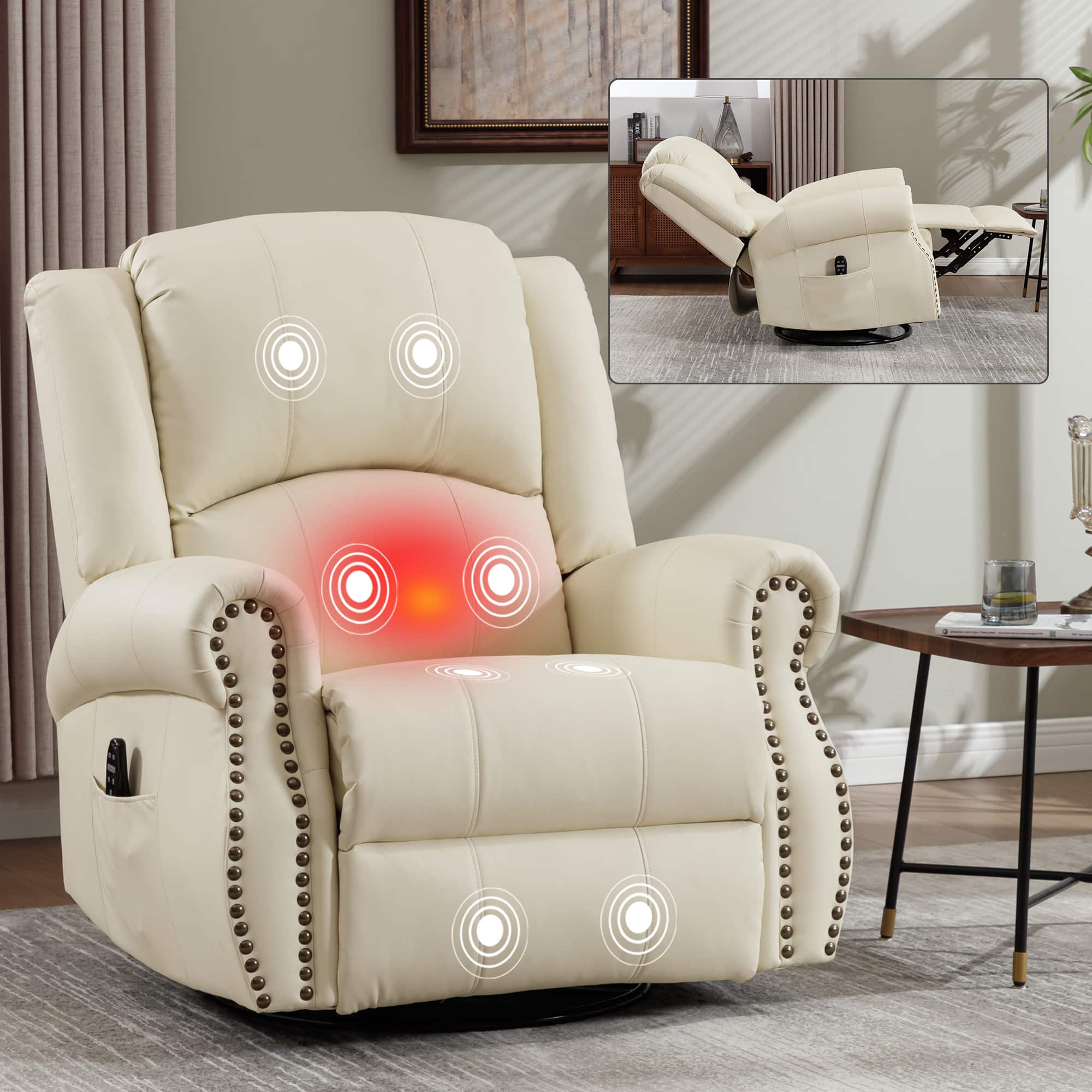 TinyHomie - Heat Massage Manual Recliner Chair with Rocker and Swivel in Fabric for Living Room - Beige