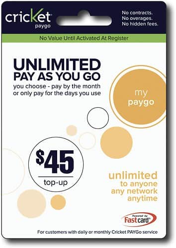 Front Standard. Cricket - $45 Airtime Card.