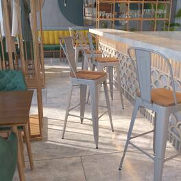 Emma + Oliver - 30"H Metal Dining Barstool with Back and Square Wood Seat - Silver