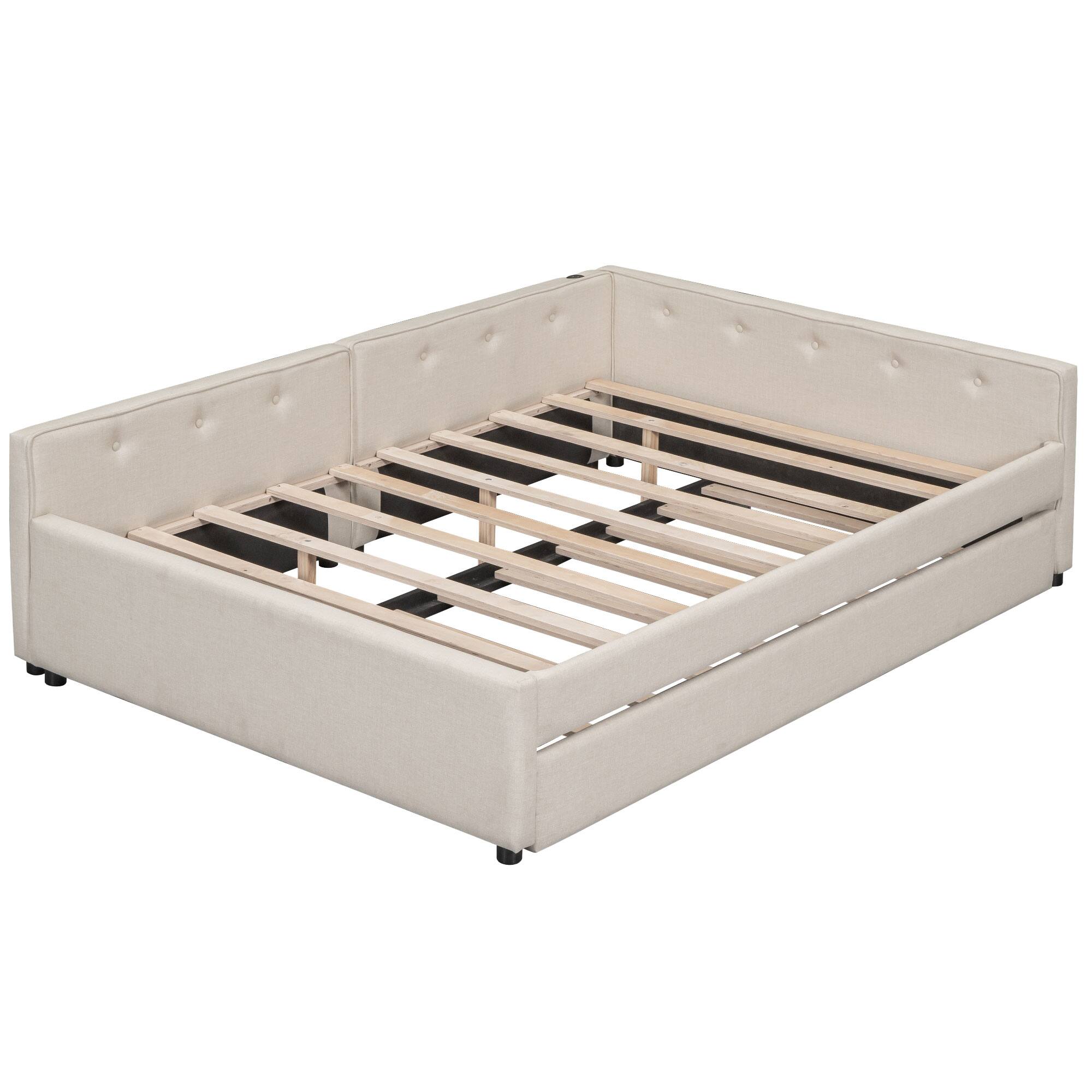 Back. LUCKY ONE - Full Size Upholstered Platform Bed with USB and Twin Size Trundle - Beige.