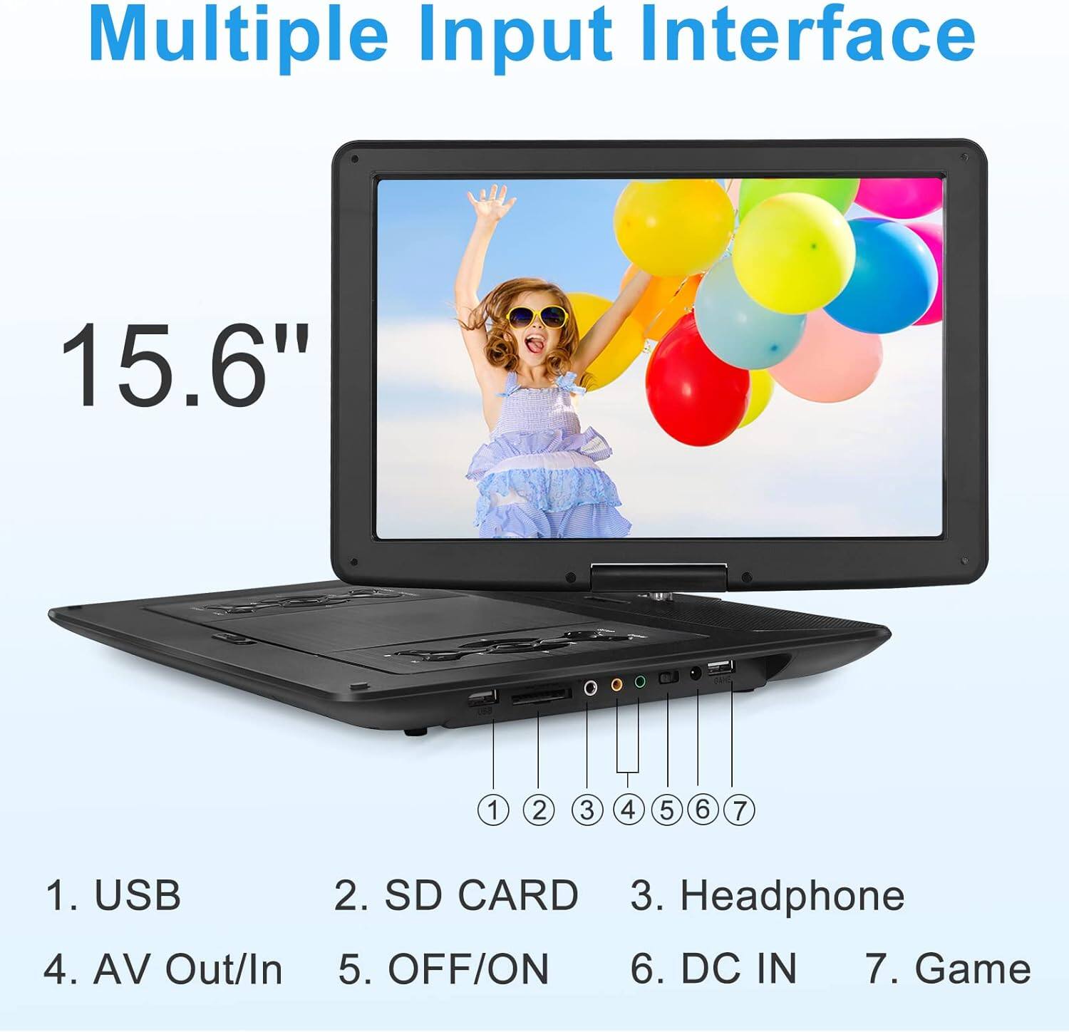 Multiple Input Interface

15.6"

1. USB
2. SD CARD
3. Headphone
4. AV Out/In
5. OFF/ON
6. DC IN
7. Game