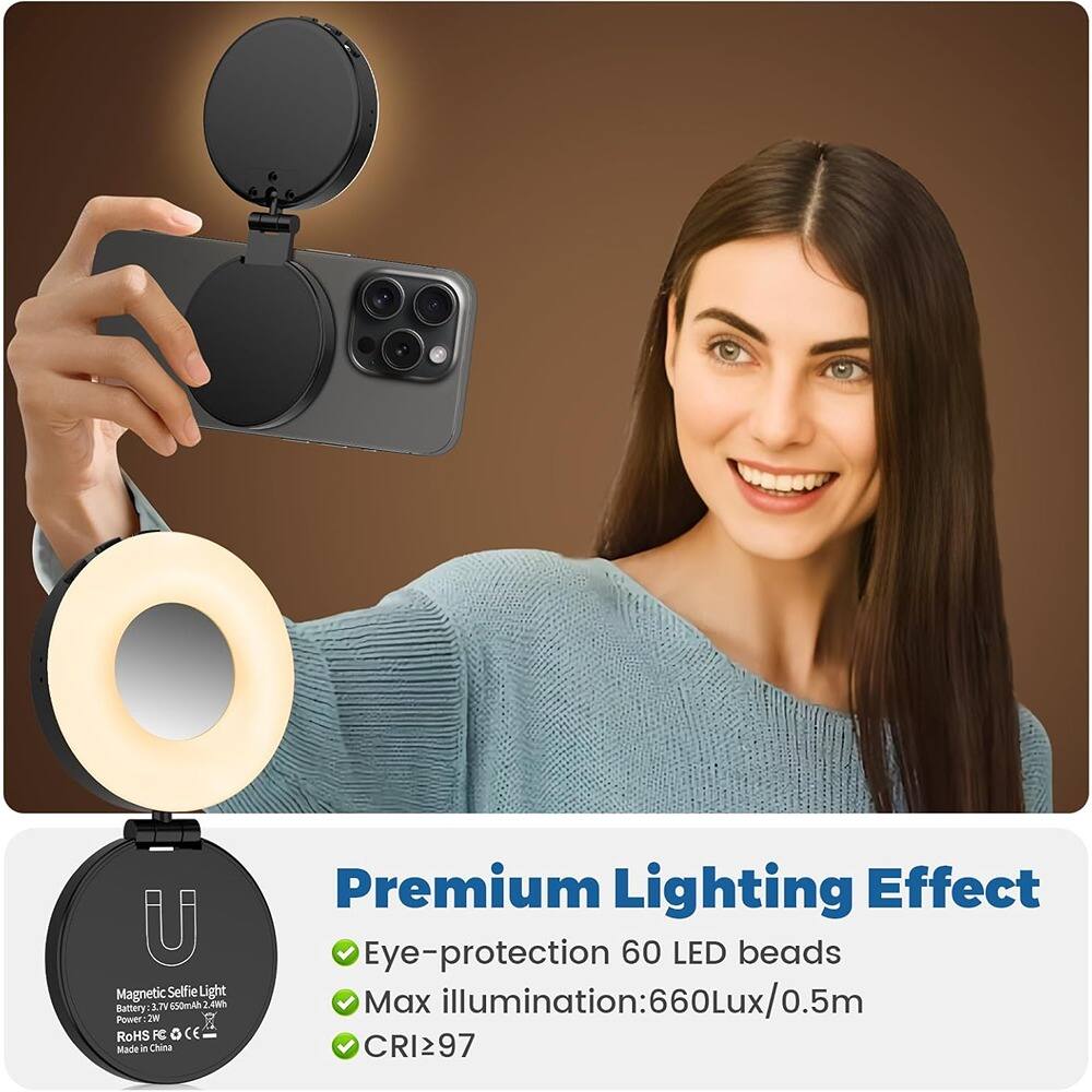 Premium Lighting Effect  
Eye-protection 60 LED beads  
Max illumination: 660Lux/0.5m  
CRI≥97  

Magnetic Selfie Light  
Power: 2N  
Battery: 3.7V 650mAh  
RoHS FC CE  
Made in China