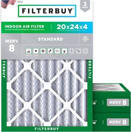 Filterbuy - 20x24x4 MERV 8 Dust & Allergy Defense, Electrostatic Pleated HVAC AC Furnace Air Filters Replacement (3-Pack) - Silver