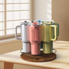 Front. Oumilen - Rotating Tumbler Cup Holder with Wooden Base, Black Carbon Steel Frame.