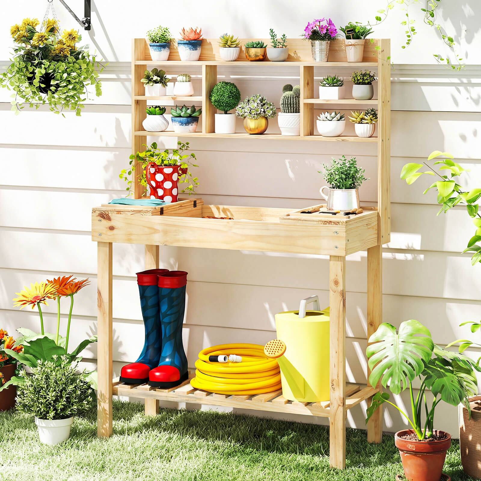 Alt View 1. Costway - Costway Potting Bench Table with Flip-up Tabletop, Storage Shelves for Patio Porch Balcony - Natural.