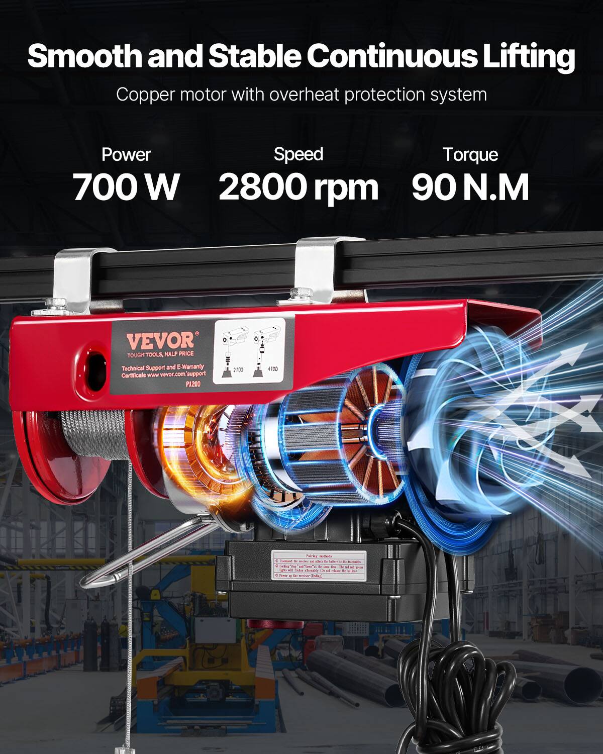 Smooth and Stable Continuous Lifting Copper motor with overheat protection system  
Power 700 W  
Speed 2800 rpm  
Torque 90 N.M  

VEVOR TOUGH TOOLS HALF PRICE  
Technical Support and E Warranty Certificate  
www.vevor.com/support  

PAZOO 2100 C  
4100 hr