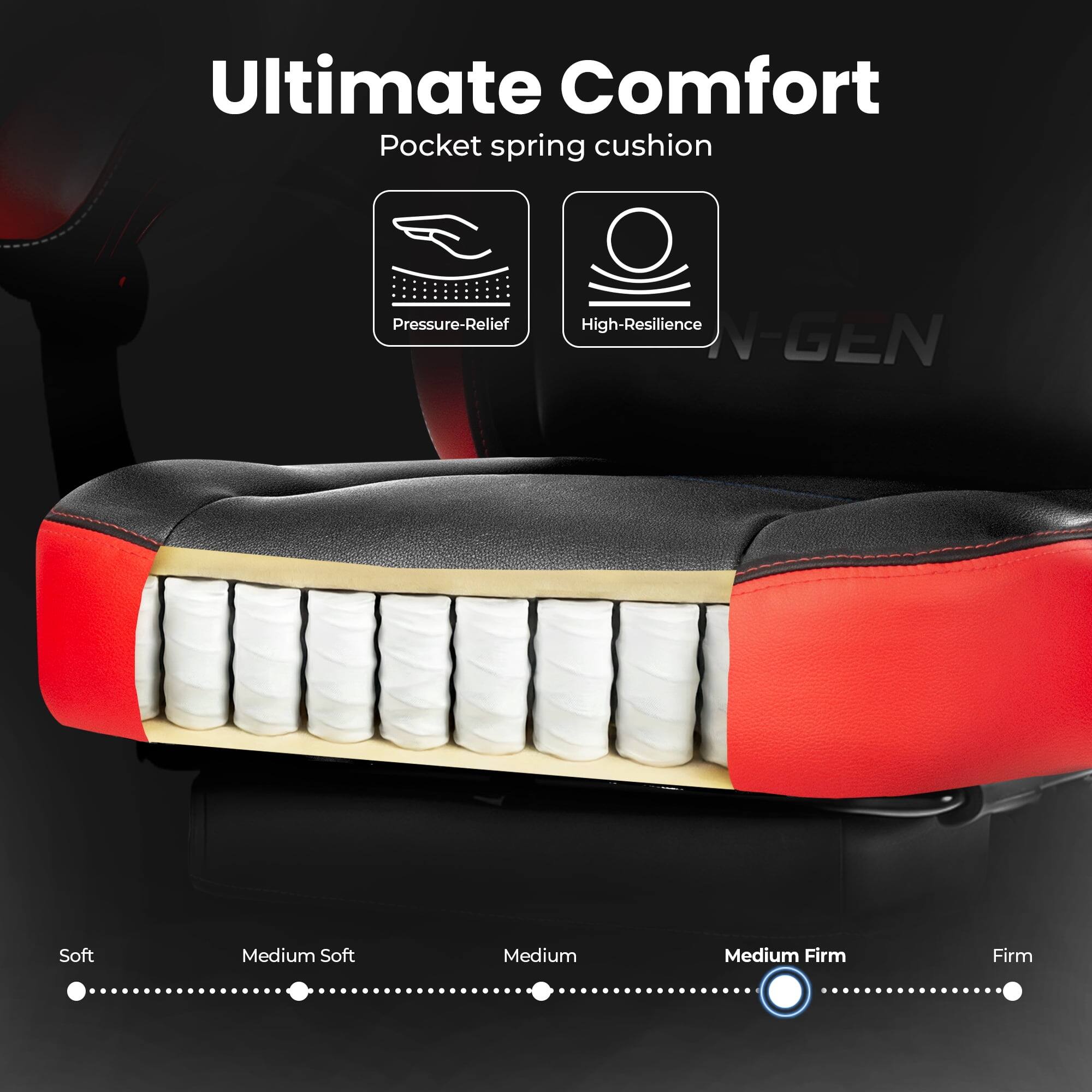 Ultimate Comfort  
Pocket spring cushion  
Pressure-Relief  
High-Resilience  
N-GEN  

Soft  
Medium Soft  
Medium  
Medium Firm  
Firm