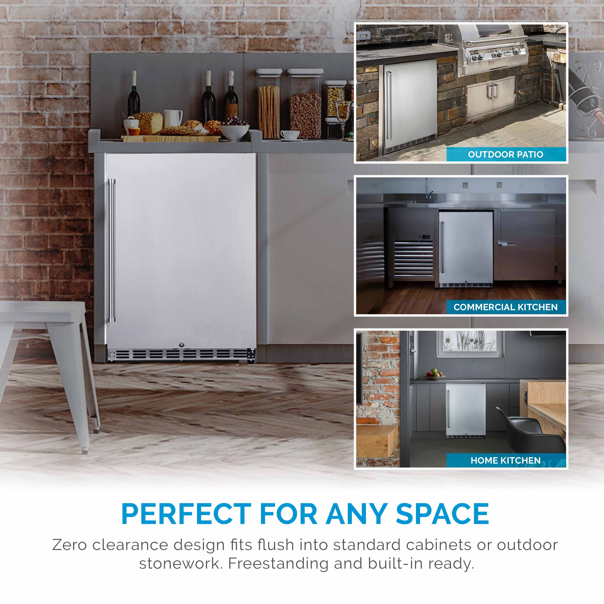 OUTDOOR PATIO  
COMMERCIAL KITCHEN  
HOME KITCHEN  

PERFECT FOR ANY SPACE  
Zero clearance design fits flush into standard cabinets or outdoor stonework. Freestanding and built-in ready.
