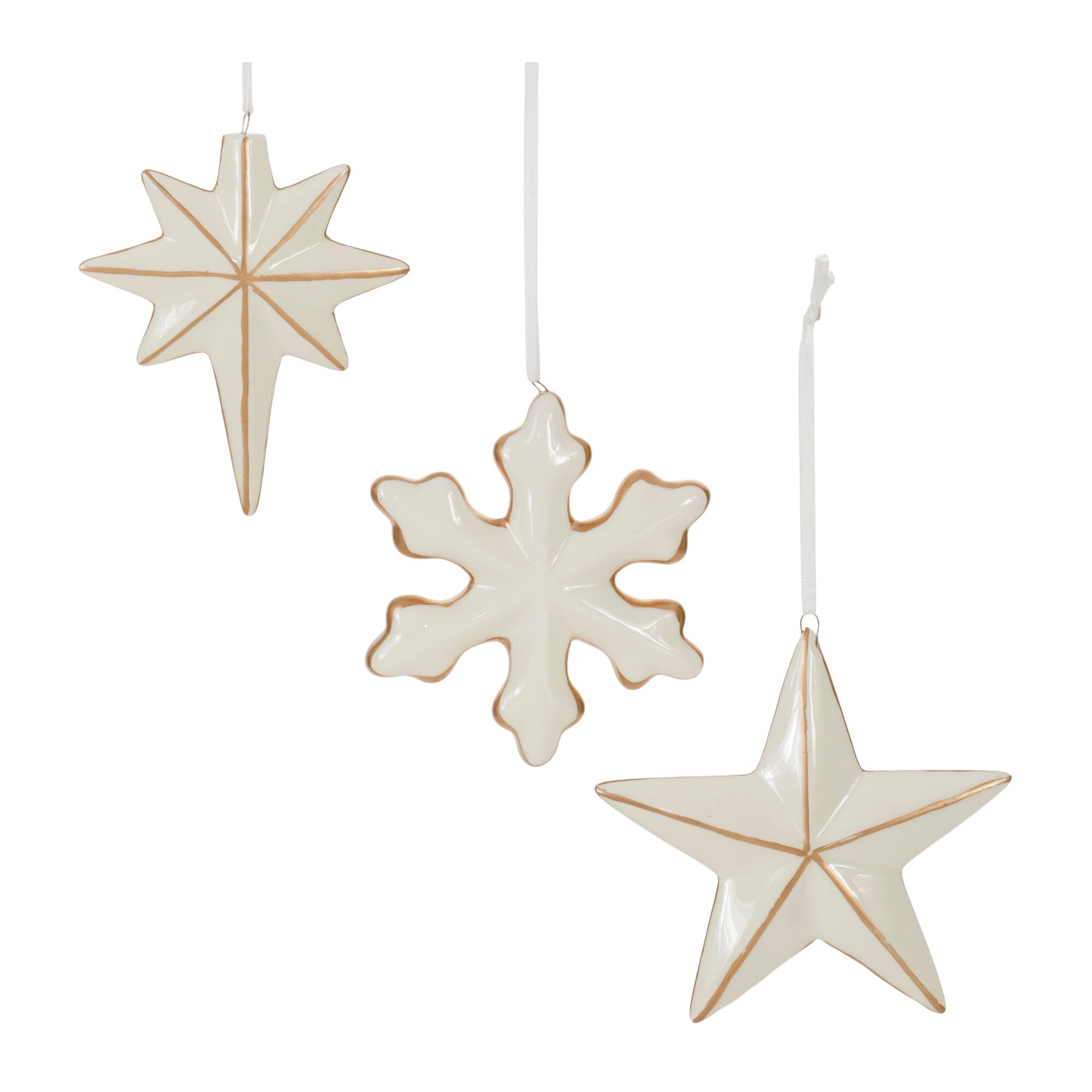 BreeBe - Ceramic Star and Snowflake Ornament (Set of 6) - White, Gold