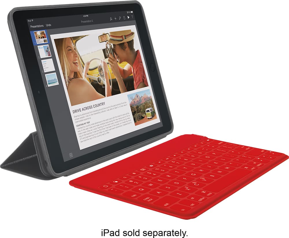 The image features a red tablet computer with a keyboard attached to it. The tablet is displaying a picture of a man and a woman, and the keyboard is positioned in front of it. The text on the image reads "Pad Presentations Undo Presentation 2 Fot De COUNTRY Dez unne - ovt 2 . nh ACROSS . Tale VOUNE Lee dh DRIVE adventures Son breveing iintos my 1o Te D . Shuaring met 1 vt M unioa people experience beig sr ad Te wed Te - nol menorable TAO adveture an auc alourg ialed Te Twite M wile mutzle wed stel SOANT Teaded STARTING my country au naie Sartingon 7 started p S could Tire beh to The K the b9 vetmed wi maca ubes I als We m many deactec lat o e The Ae fad ins - murnty and d te 4 the w SN what - - 2 a , - a - O g O 1 2 1 F - - N o G aC o - O e a W 2 D I - - 6 A l 36 t 06 B f - i - P- e 26 T iPad sold separately."
