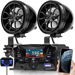 GoHawk - Bluetooth Motorcycle Speakers, 2-Speaker Waterproof Stereo Audio System w/ Amp FM Radio, USB, SD for ATV Golf Cart - Black