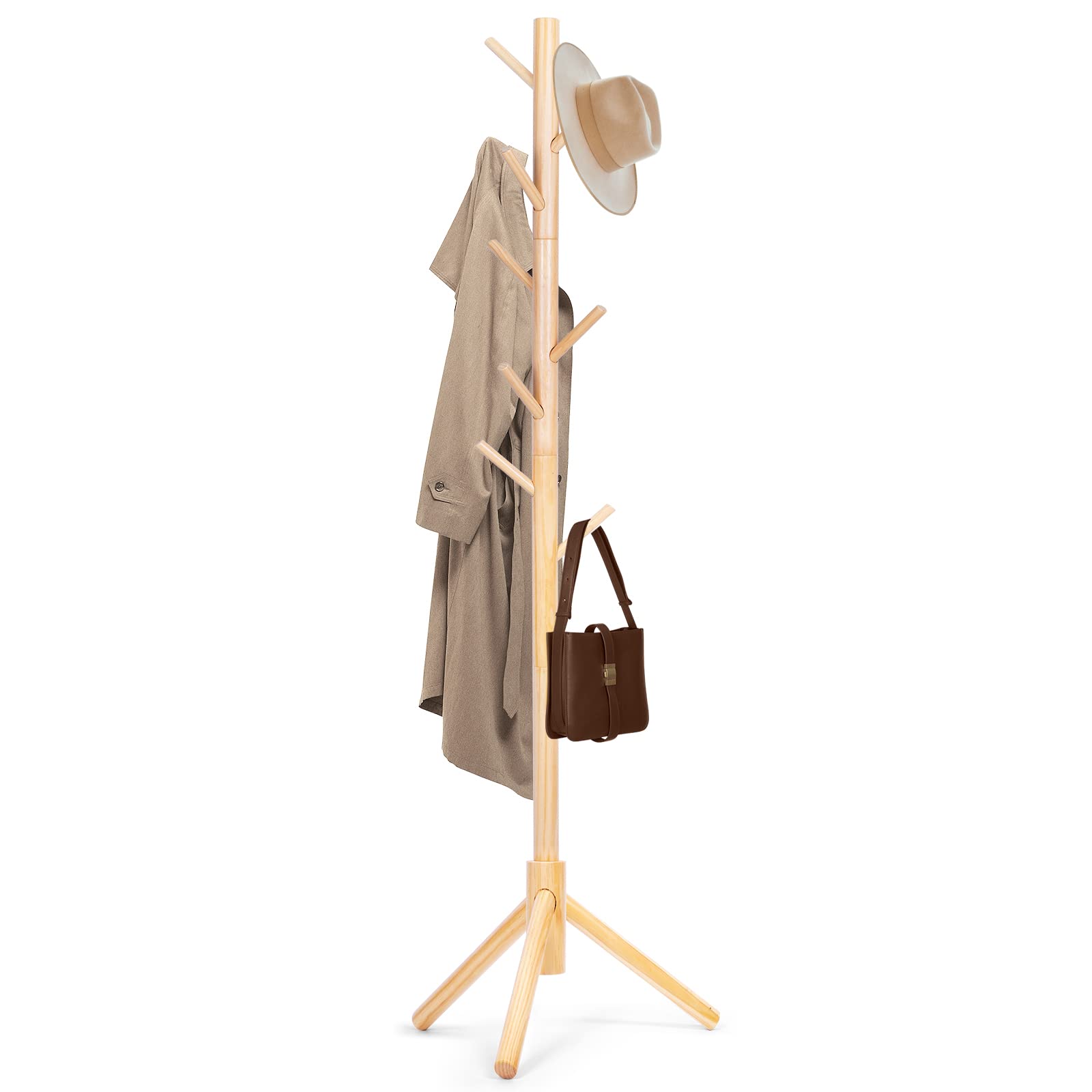 HM 1810 - Solid Wooden Coat Rack Freestanding Zealand Pine Tree With & 3 Adjustable Sizes For Coats Hats Handbags And - Nature 1 PC