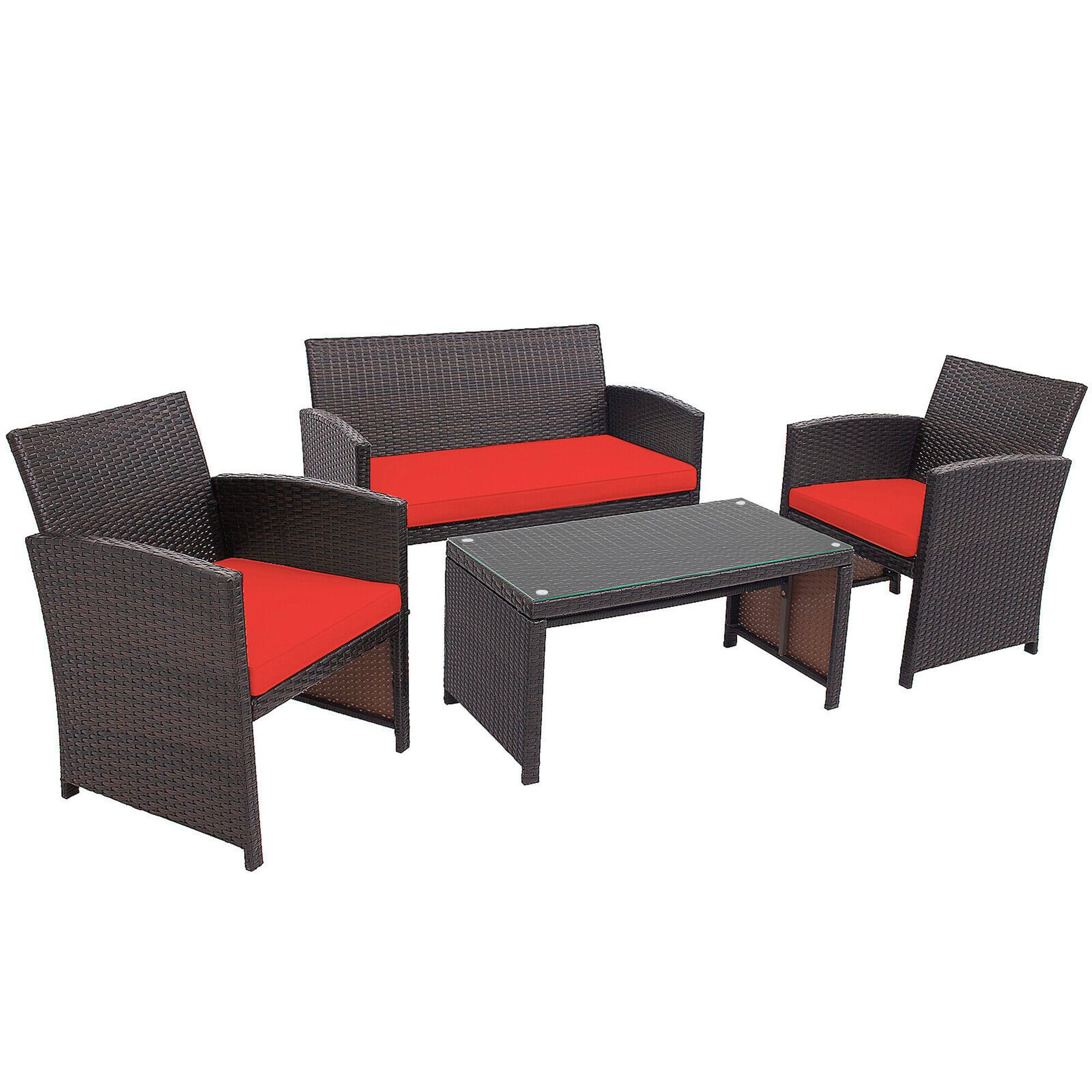 Alt View 9. Gymax - Gymax 4PCS Patio Conversation Set Outdoor Rattan Furniture Set w/ Red Cushions - Red.