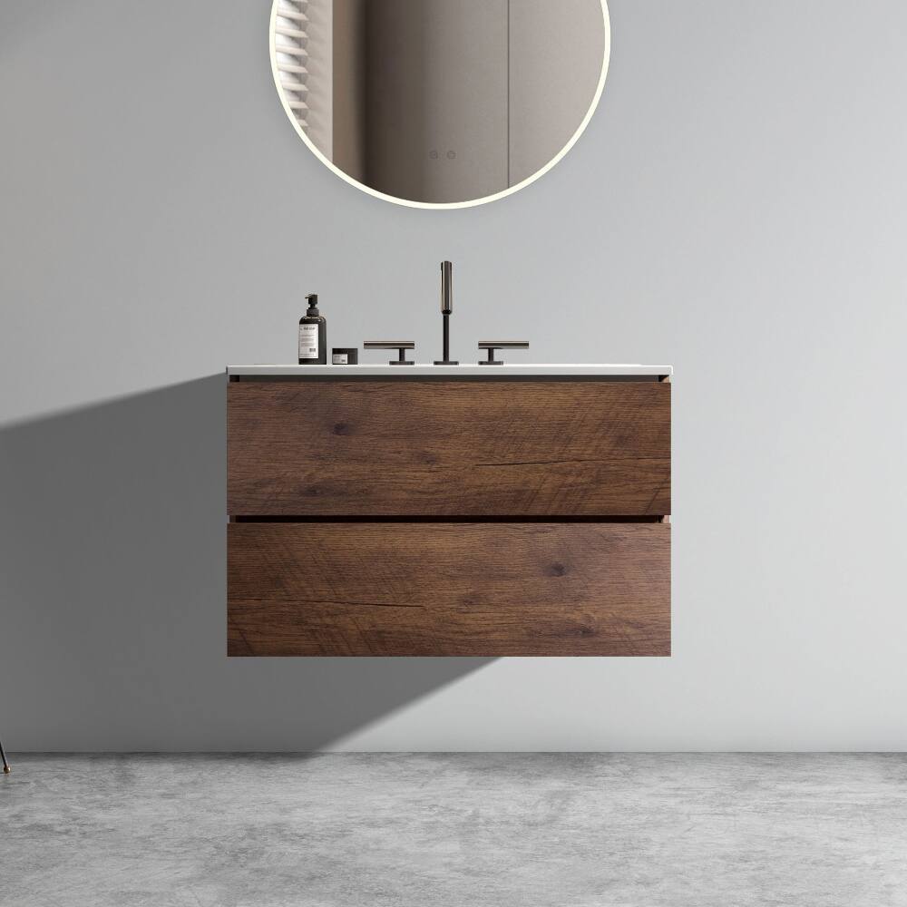 Front. Loheer - Loheer 30 inch wall mount bathroom vanity Walnut Floating Ceramic Sink - Walnut.