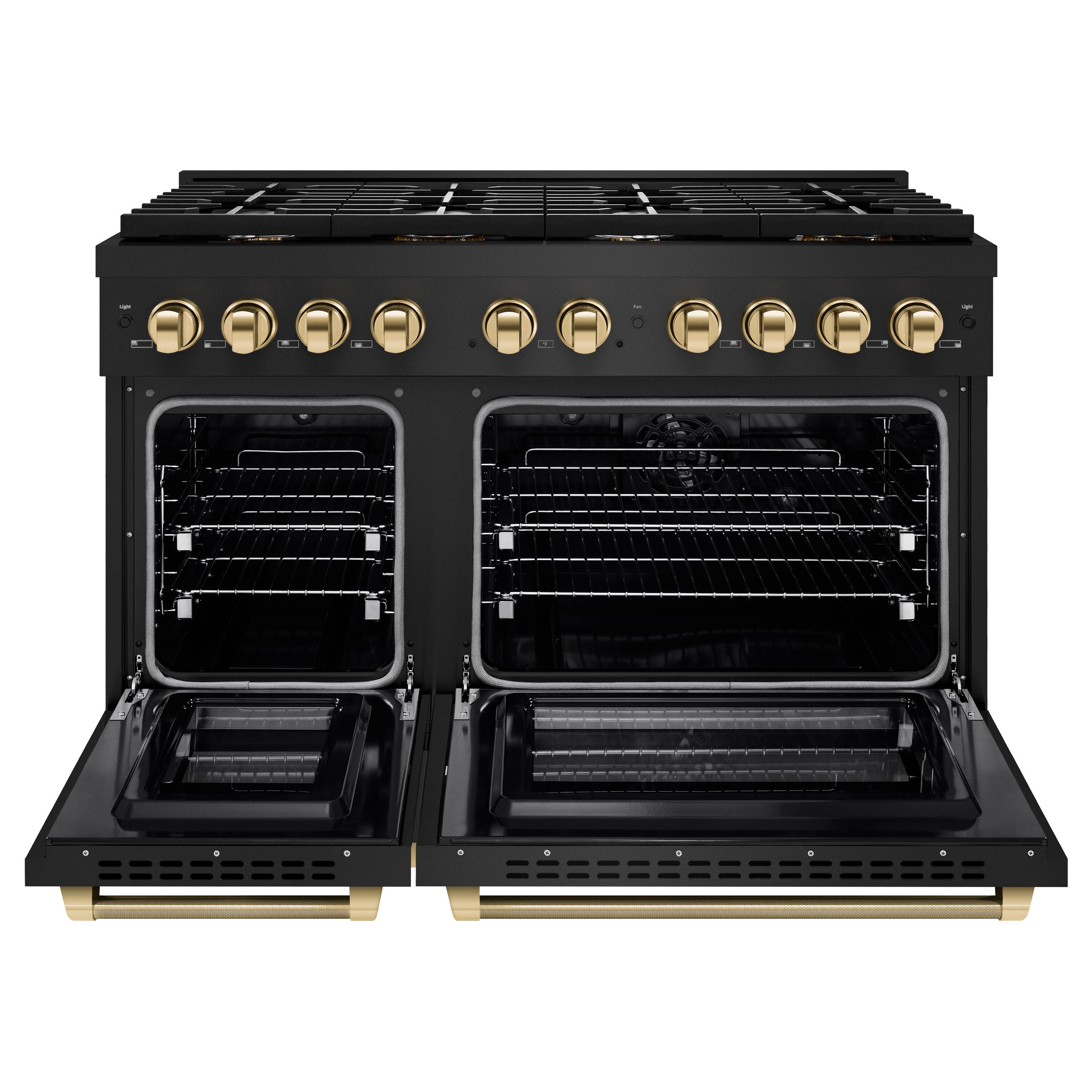 Angle. ZLINE - 48 in. Wide 8 Burner Autograph 6.7 cu. ft. Freestanding Paramount Dual Fuel Range with Gold Helix Handles - Black Stainless Steel.