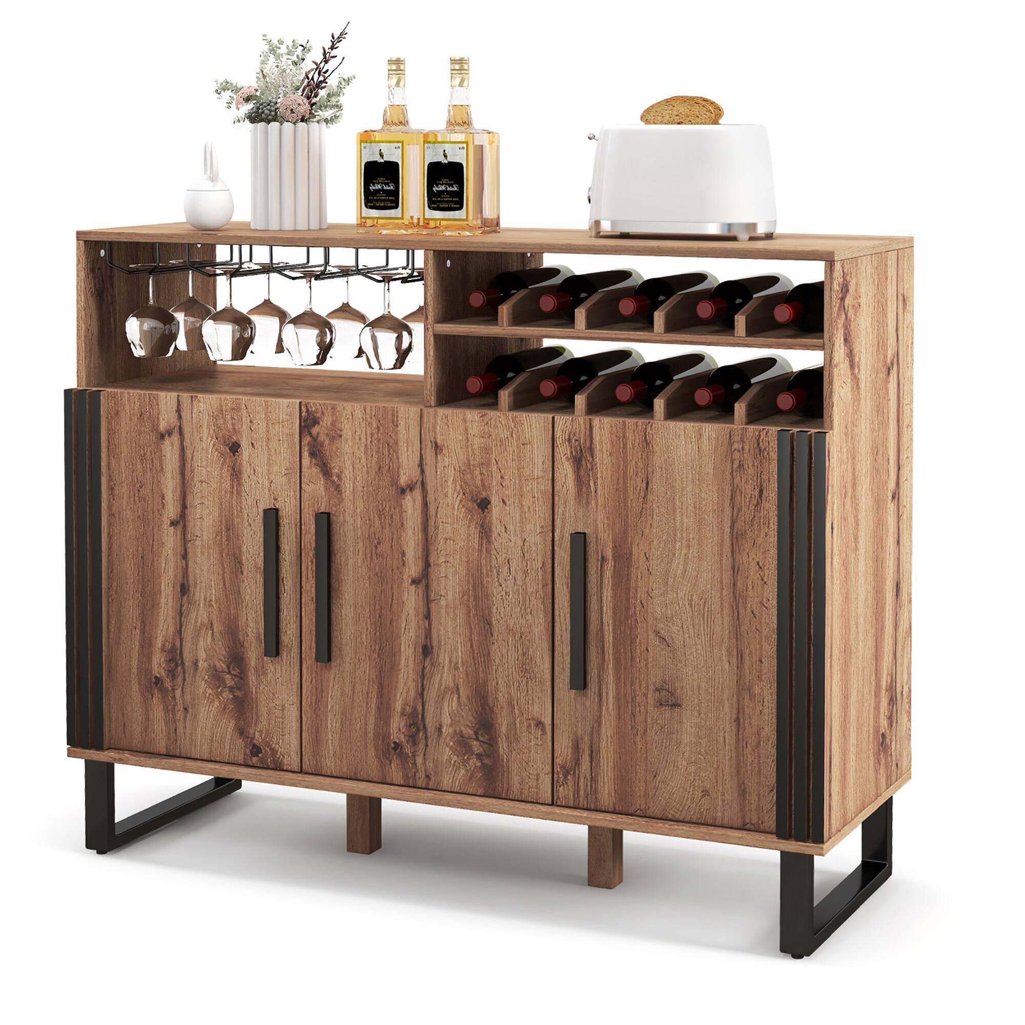 Gymax - Home Wine Bar Cabinet w/ 3 Doors & Adjustable Shelves 2-tier Wine Rack Sideboard - Brown