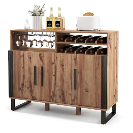 Front. Gymax - Gymax Home Wine Bar Cabinet w/ 3 Doors & Adjustable Shelves 2-tier Wine Rack Sideboard - Brown.
