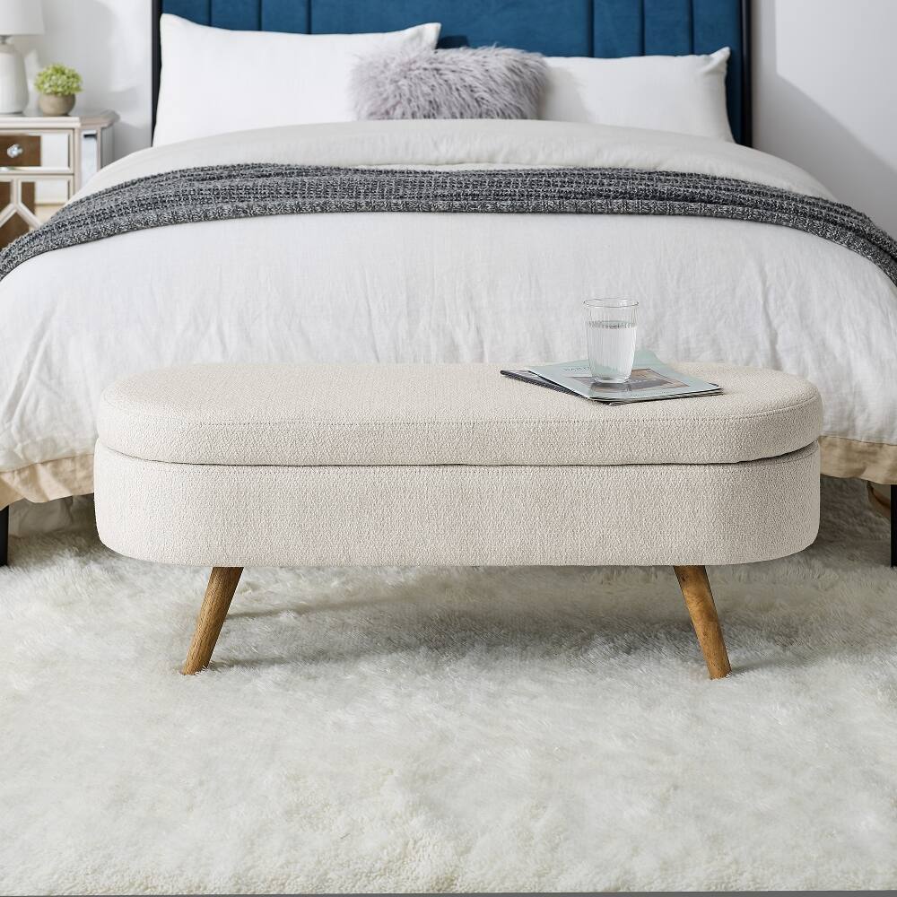 Left. Ropilly - Ropilly Beige Oval Storage Bench Fabric Ottoman with Rubber Wood Legs for Bedroom Living Room - Beige.