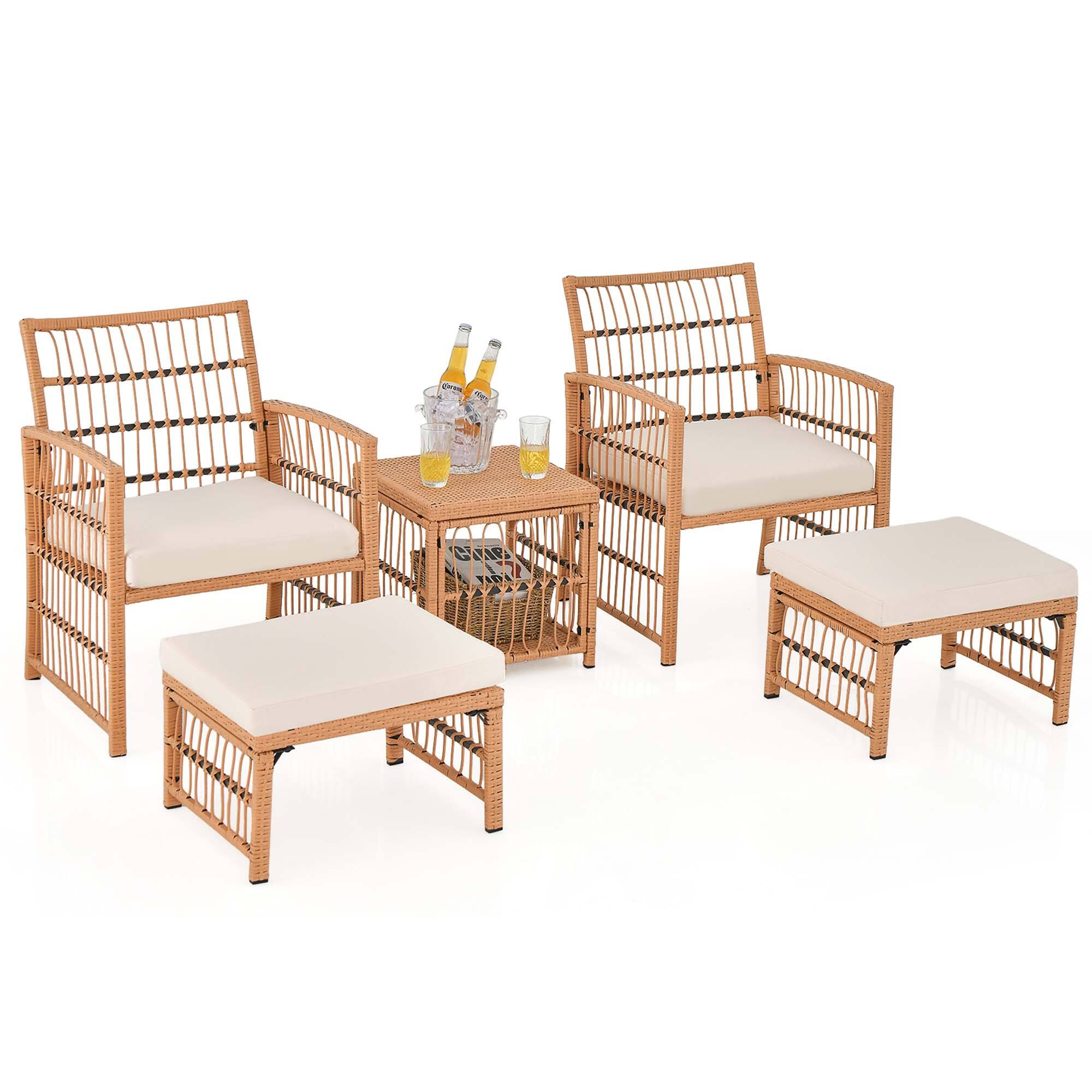 Costway - 5 Piece Patio Rattan Wicker Conversation Set with 2-Tier Coffee Table & 2 Ottomans - Natural,Off White
