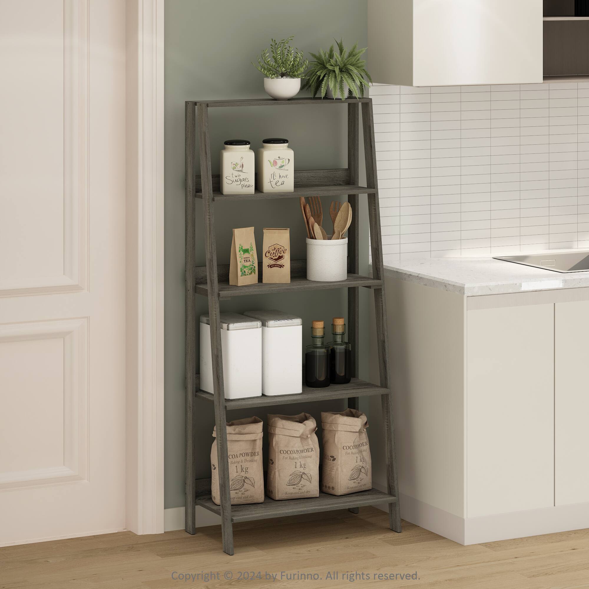 Sure, here is the corrected and grouped text:

---

**Top Shelf:**
- Small potted plant

**Second Shelf:**
- "Sugar & Tea" jar
- "I love Tea" jar

**Third Shelf:**
- Coffee bag labeled "Coffee"
- Wooden utensils in a white holder

**Fourth Shelf:**
- Two white containers

**Fifth Shelf:**
- Two bags labeled "Cocoa Powder 1 kg"

**Bottom Shelf:**
- Two bags labeled "Cocoa Powder 1 kg"

**Copyright:**
- Copyright © 2024 by Furinno. All rights reserved.

---