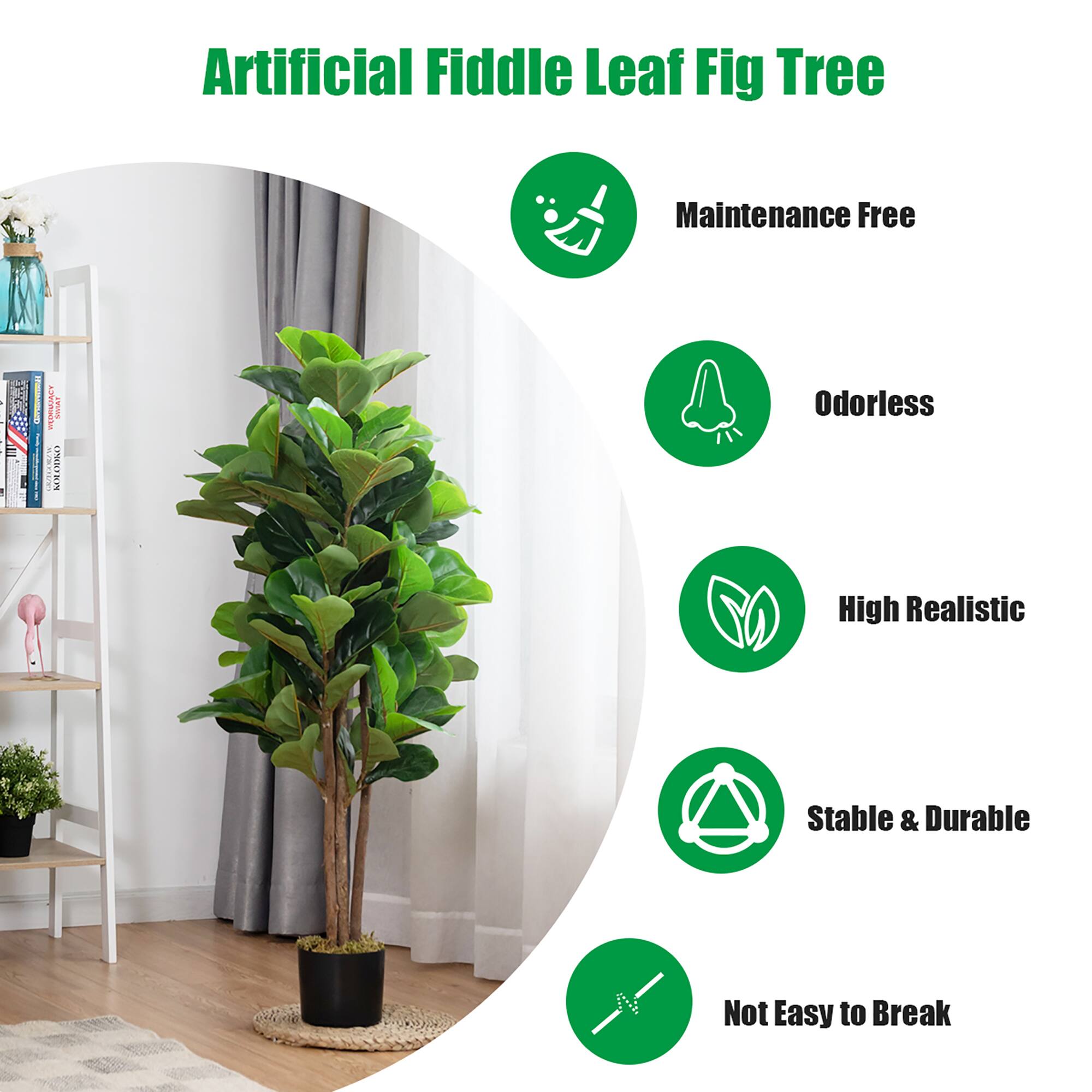 Artificial Fiddle Leaf Fig Tree Maintenance Free Odorless High Realistic Stable & Durable Not Easy to Break