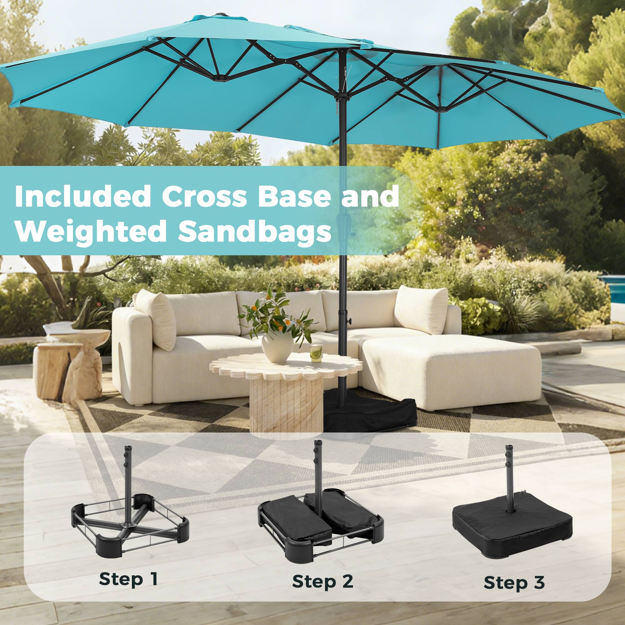 Included Cross Base and Weighted Sandbags

Step 1

Step 2

Step 3