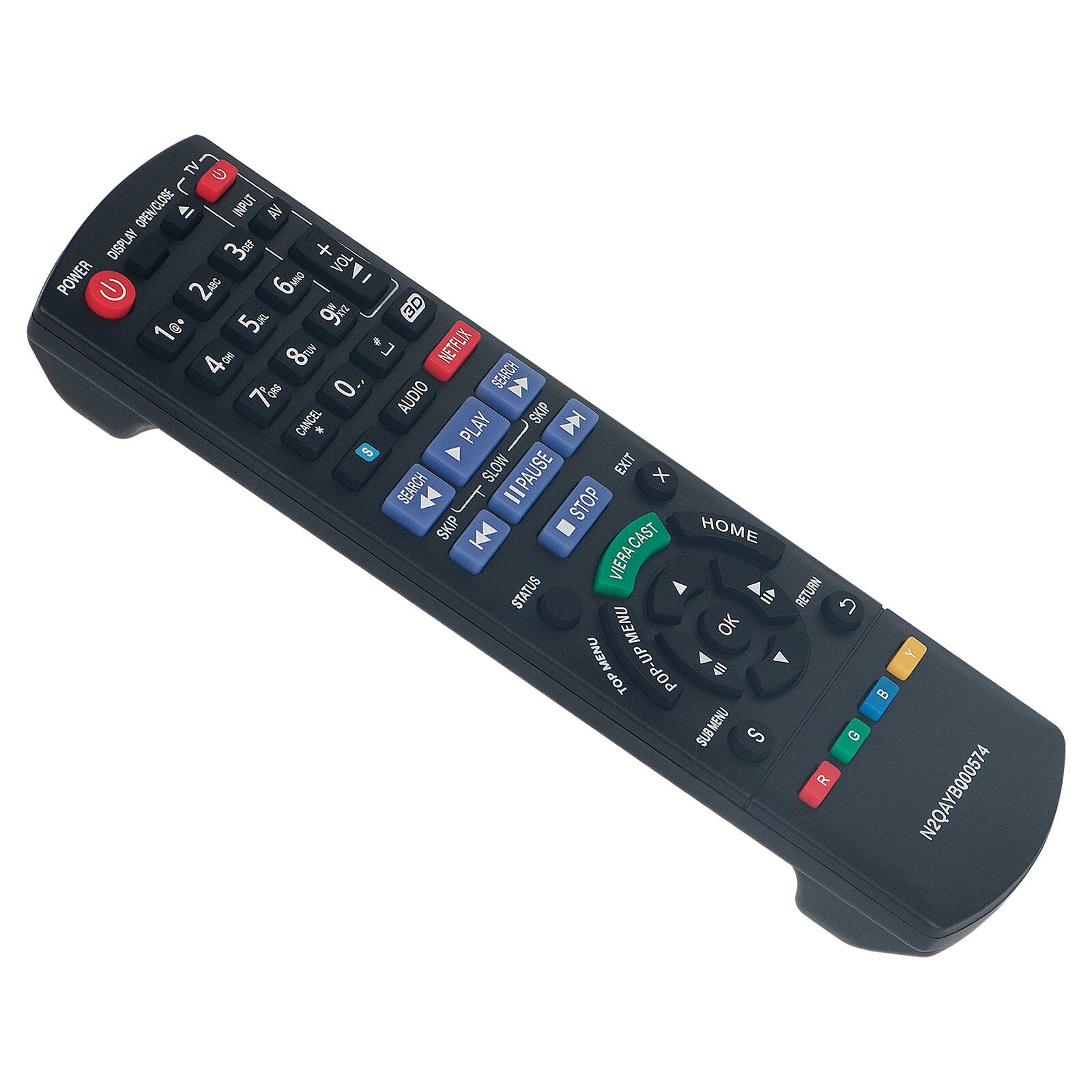 Sure, here is the corrected and grouped text from the image:

**Top Section:**
- TV G OPEN/CLOSE
- 41
- INPUT
- AV
- DISPLAY
- 30
- +
- VOL
- POWER
- 21
- et
- AC
- 6m
- g
- I
- K
- 9m
- 3D
- 5
- 4
- 8
- PON
- J
- NETFLIX
- IHO
- 0..
- SEARCH
- 7
- AUDIO
- SKIP
- CANCEL
- *
- PLAY
- 5
- SLOW
- PAUSE
- EXIT
- x
- SEARCH
- =
- STOP
- SKIP
- CAST
- HOME
- VIERACAST
- VIERA
- STATUS
- RETURN
- U
- MENU
- OK
- TOP
- MENU
- UP
- TOP
- POP-UP
- SUB
- MENU
- S
- G
- R
- y
- 8
- N2QAYB000574

**Middle