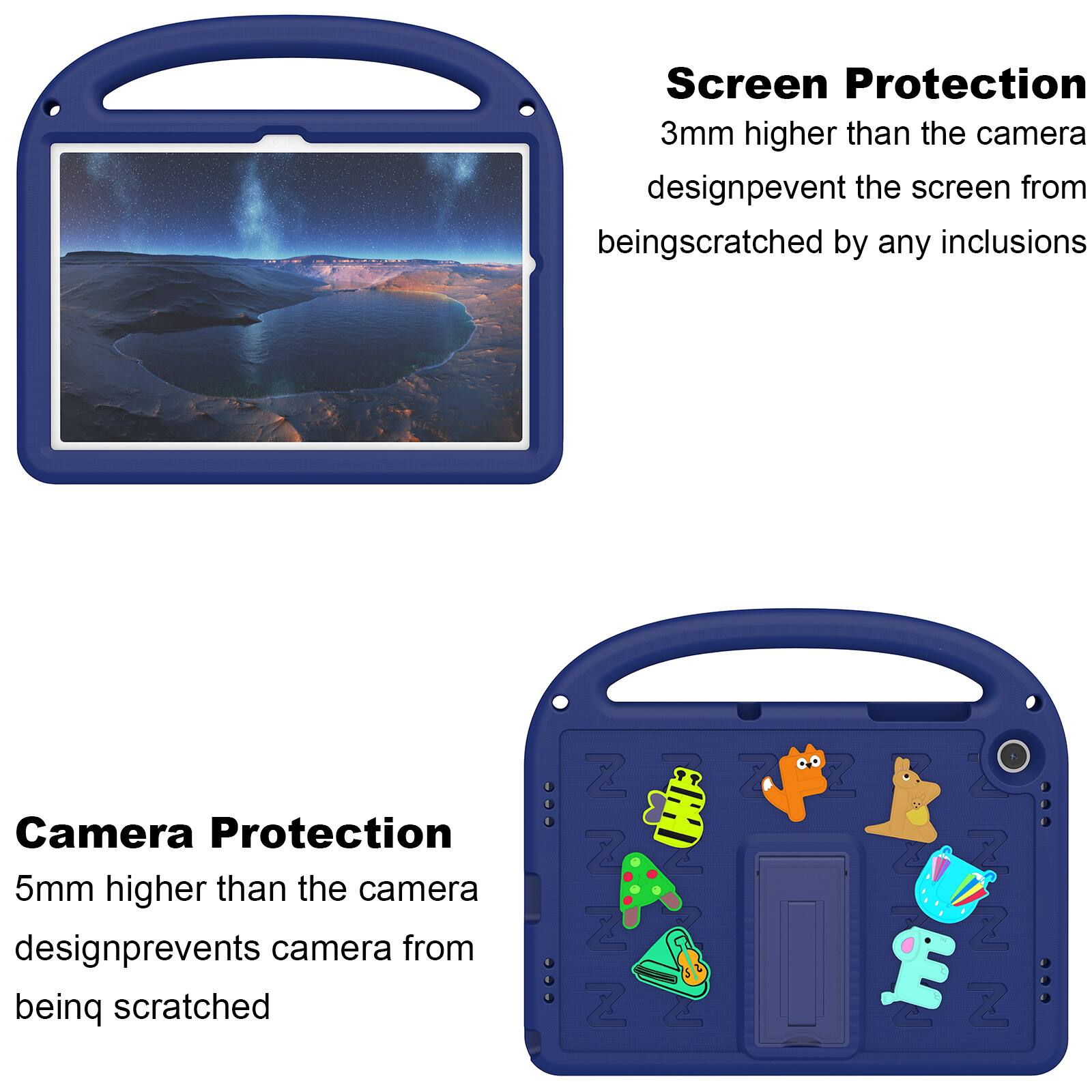 Screen Protection  
3mm higher than the camera design prevents the screen from being scratched by any inclusions

Camera Protection  
5mm higher than the camera design prevents camera from being scratched