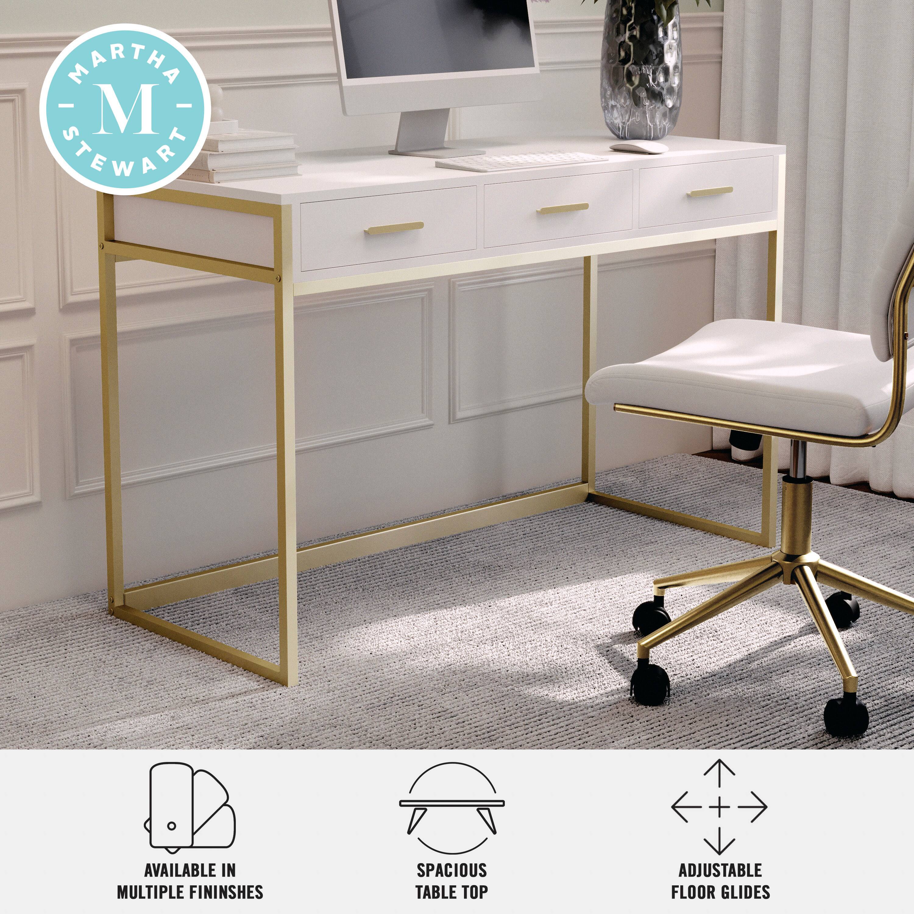 Martha Stewart desk with adjustable floor glides and available in multiple finishes.