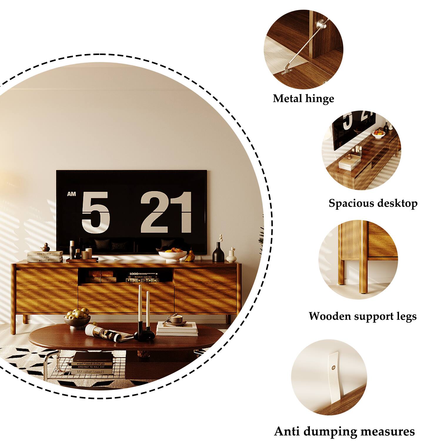 Metal hinge  
AM 5 21  
Spacious desktop  
Wooden support legs  
Anti dumping measures