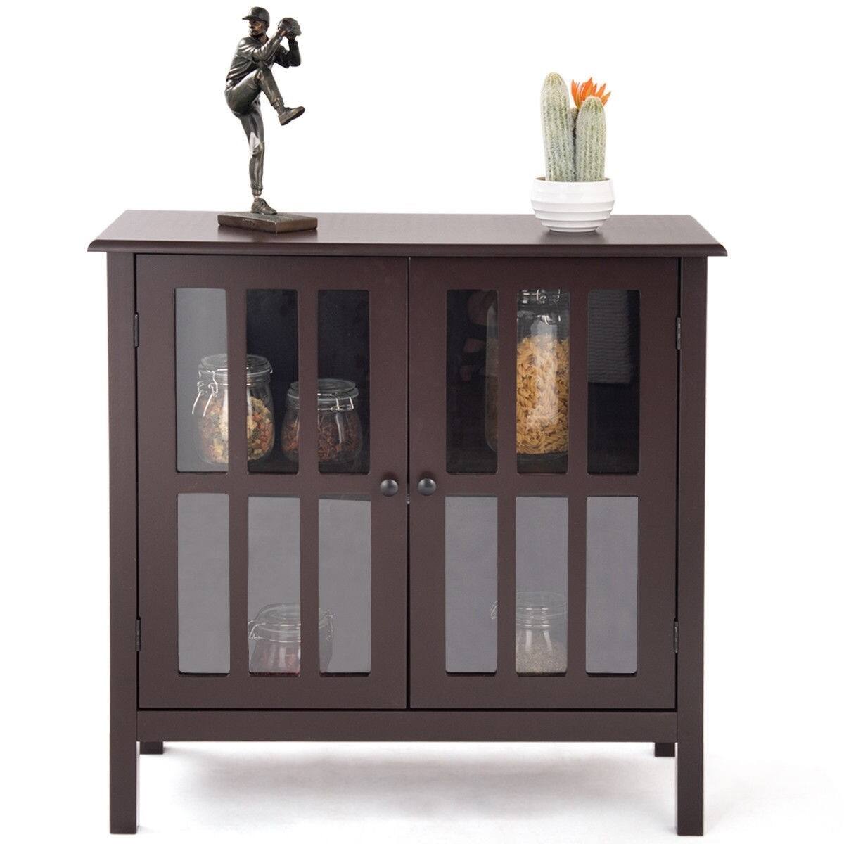 Angle. Hivvago - Brown Wood Sideboard Buffet Cabinet with Glass Panel Doors - Brown.