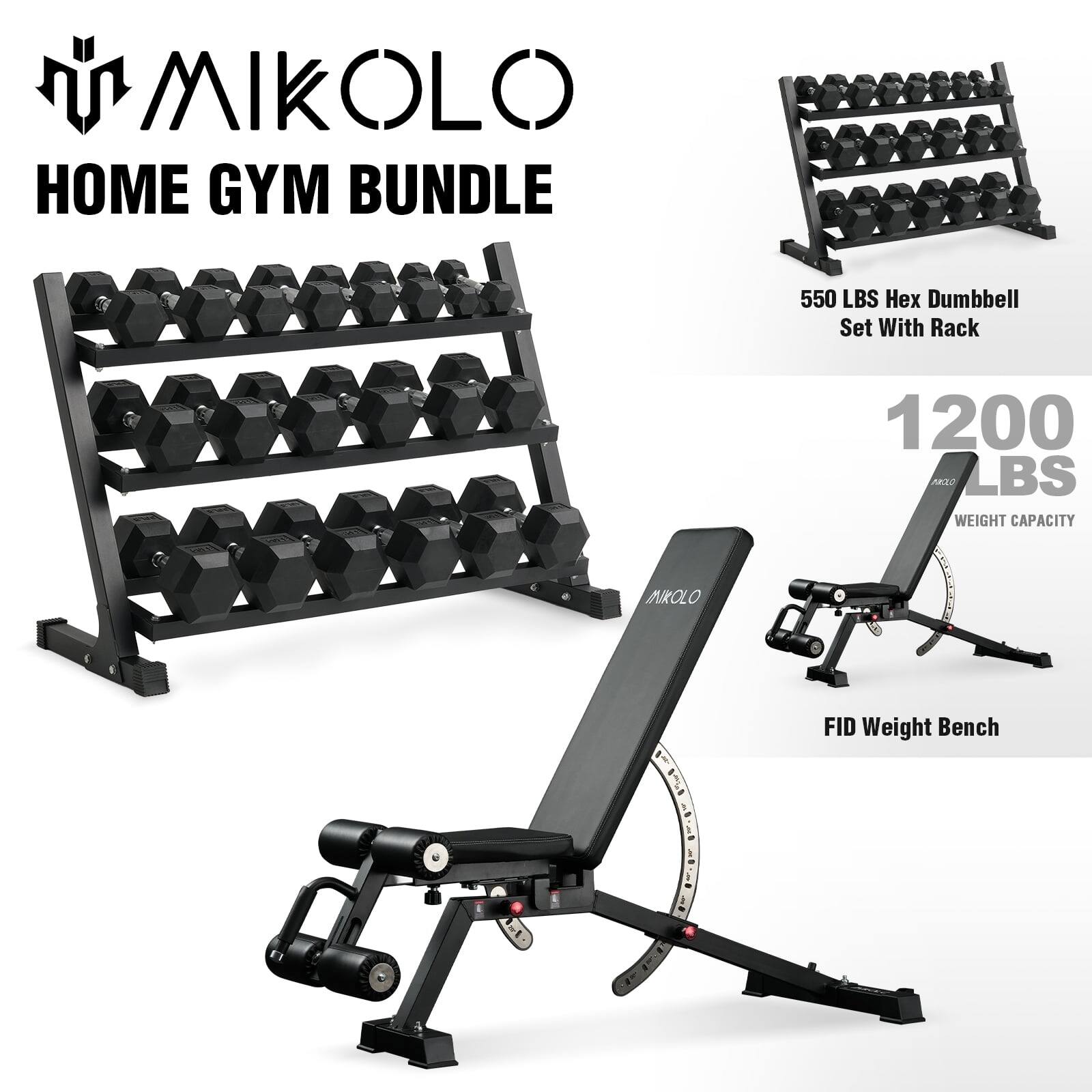 Mikolo - Rubber Hex Dumbbell Set with Racks and FID Weighted Bench, Options in 550lbs - Black