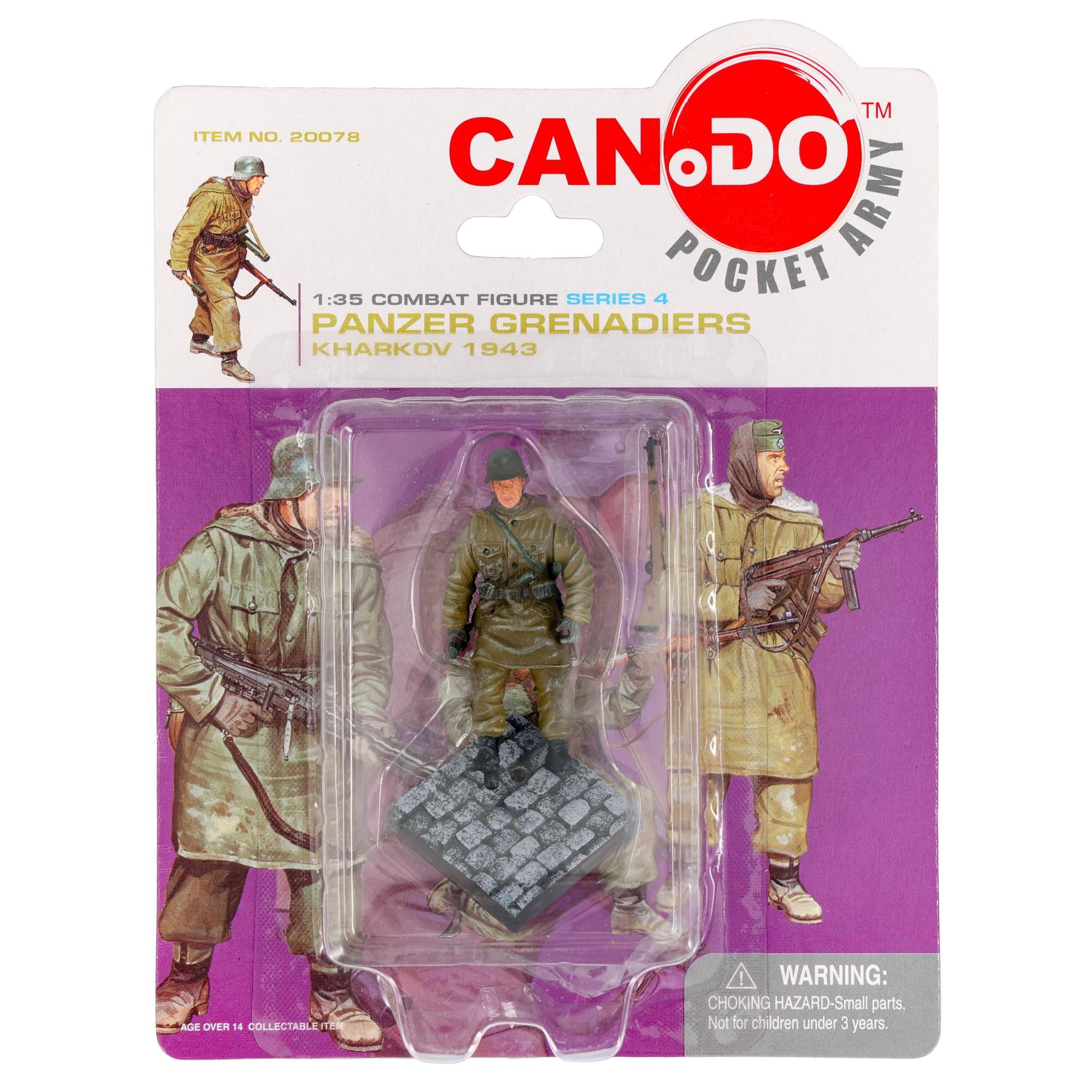 CAN DO  
POCKET ARMY  
ITEM NO. 20078  

1:35 COMBAT FIGURE SERIES 4  
PANZER GRENAIDERS  
KHARKOV 1943  

AGE OVER 14 COLLECTABLE  

WARNING: CHOKING HAZARD - Small parts. Not for children under 3 years.