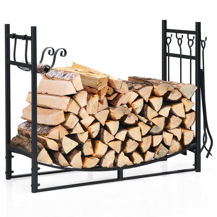Mondawe - 36 Inch Firewood Rack with 4 Tool Set Kindling Holders - Black