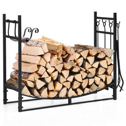 Front. Mondawe - 36 Inch Firewood Rack with 4 Tool Set Kindling Holders - Black.