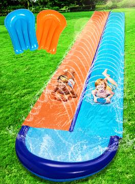 Joyfy - 32.5ft Double Water Slide with 2 BodyBoards, Backyard Lawn Waterslides with Sprinkler, Outdoor Water Splash Slide Toy
