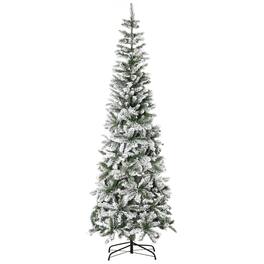 BreeBe - 7.5ft Unlit Snow-Flocked Slim Pine Artificial Christmas Tree with Realistic Branches and 668 Tips - Green