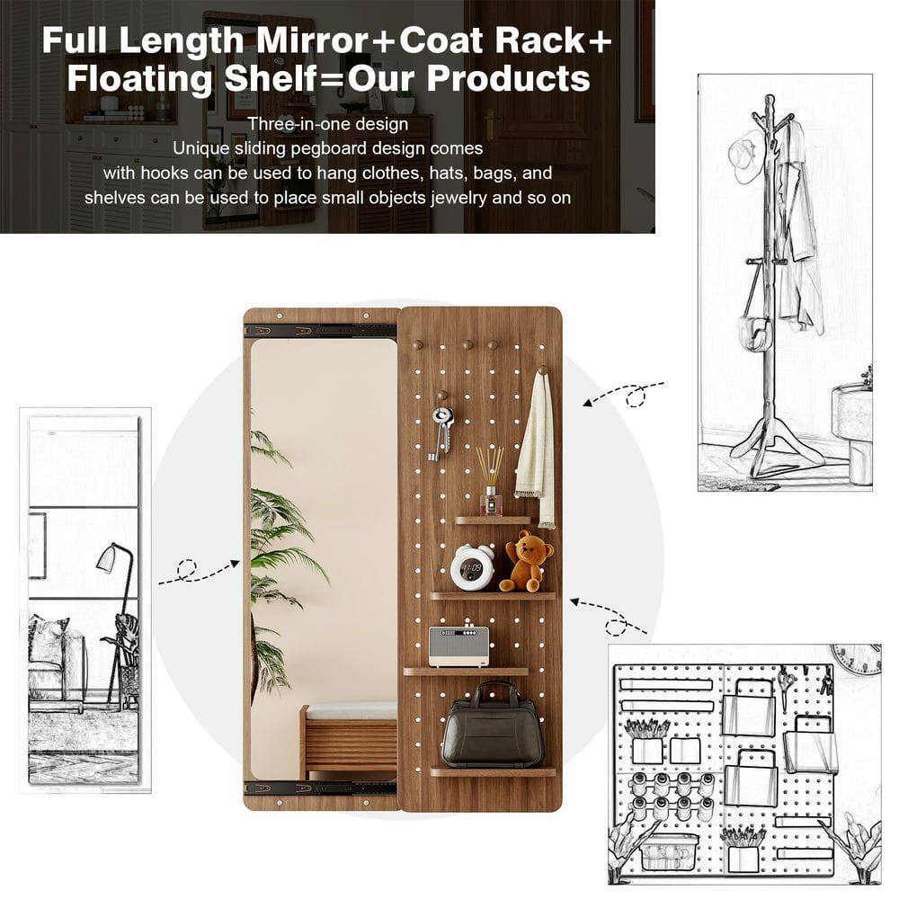 Full Length Mirror + Coat Rack + Floating Shelf = Our Products

Three-in-one design

Unique sliding pegboard design comes with hooks that can be used to hang clothes, hats, bags, and shelves can be used to place small objects, jewelry, and so on