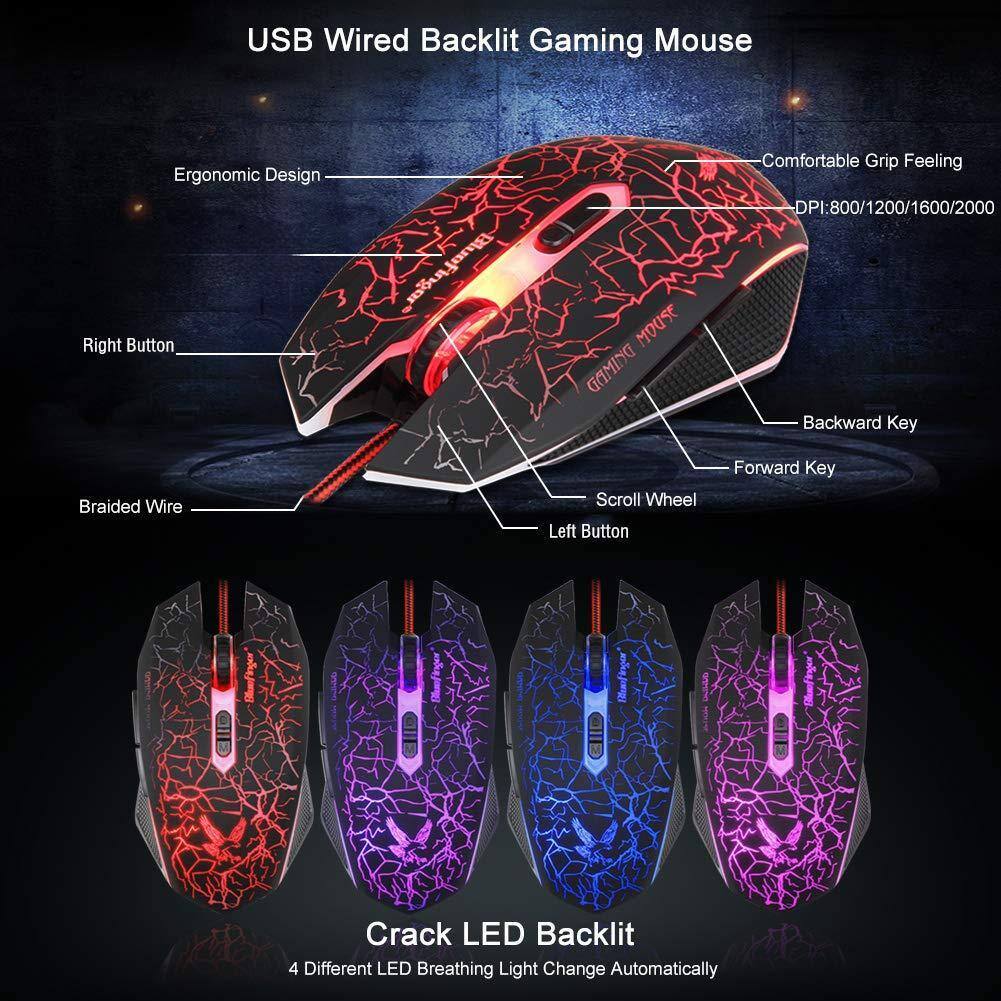 USB Wired Backlit Gaming Mouse

- Ergonomic Design
- Comfortable Grip Feeling
- DPI: 800/1200/1600/2000
- Right Button
- Left Button
- Backward Key
- Forward Key
- Scroll Wheel
- Braided Wire
- Crack LED Backlit
- 4 Different LED Breathing Light Change Automatically
