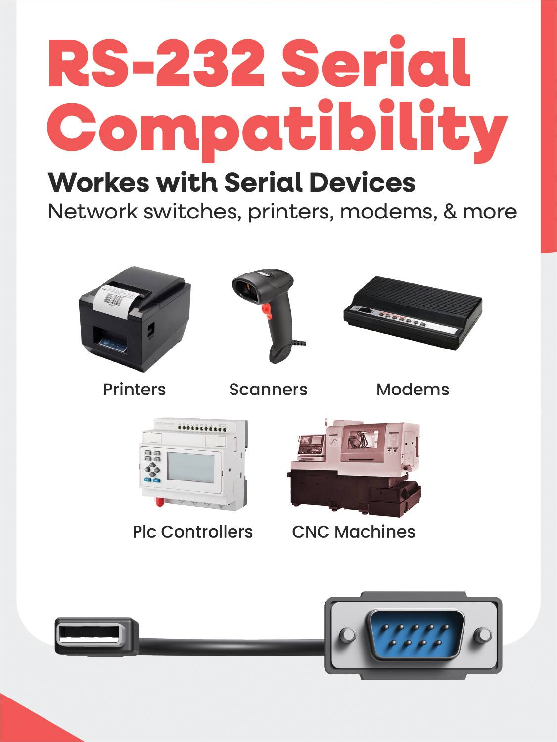 RS-232 Serial Compatibility  
Works with Serial Devices  
Network switches, printers, modems, & more  

Printers  
Scanners  
Modems  
Plc Controllers  
CNC Machines