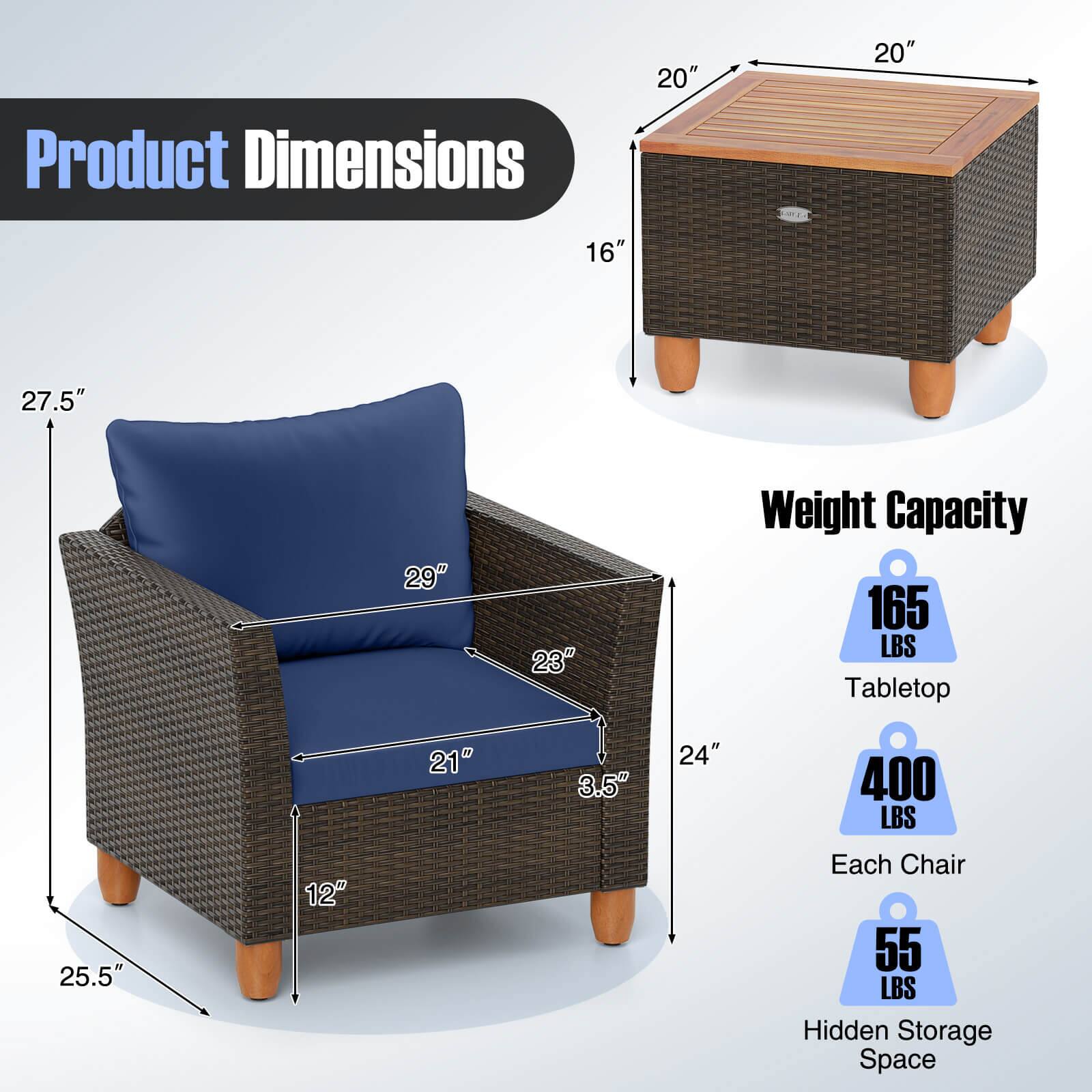 Product Dimensions: 20" 16" 27.5" 29" 23" 21" 3.5" 24" 25.5" 12"

Weight Capacity: 165 LBS Tabletop 400 LBS Each Chair 55 LBS Hidden Storage Space