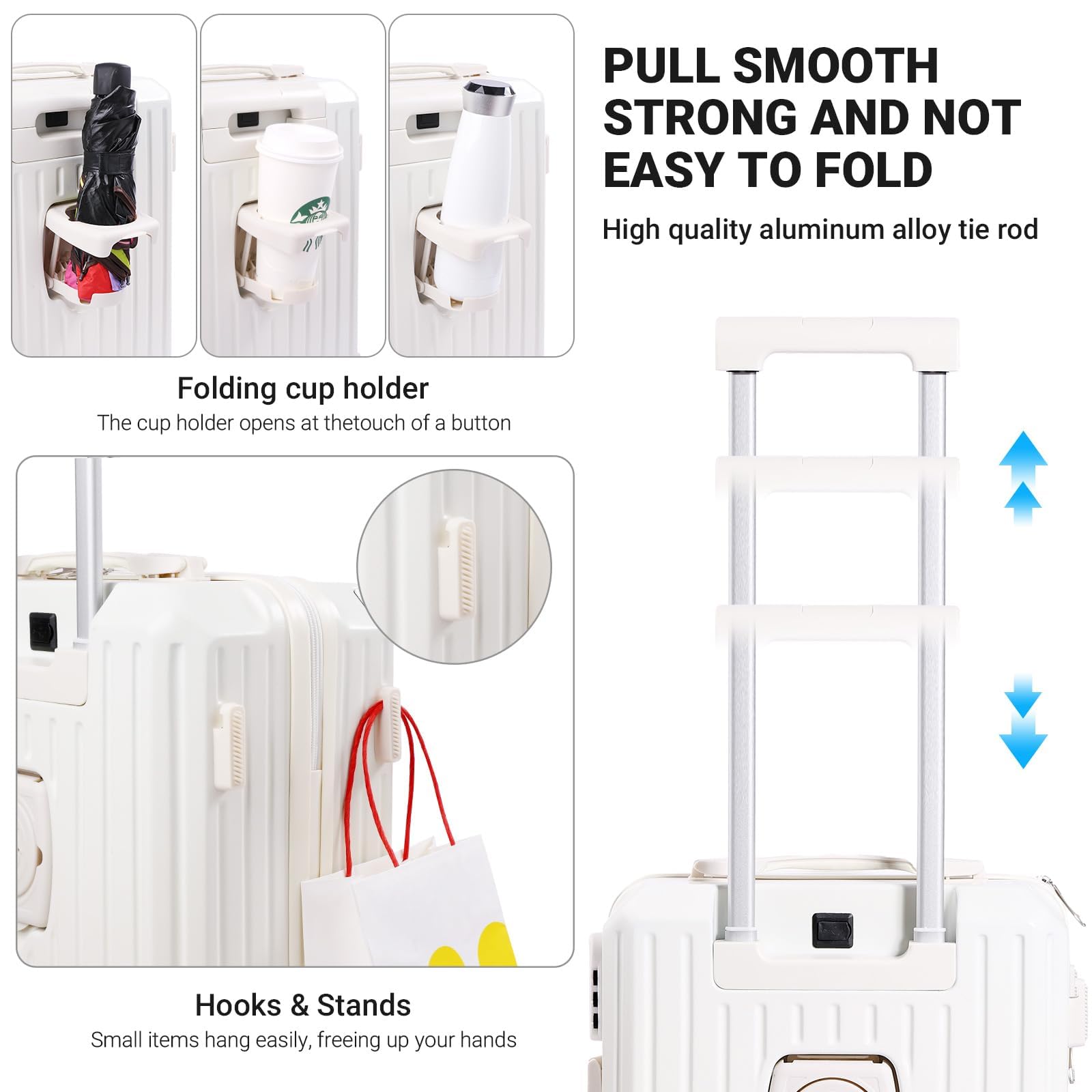 PULL SMOOTH STRONG AND NOT EASY TO FOLD  
High quality aluminum alloy tie rod  

Folding cup holder  
The cup holder opens at the touch of a button  

Hooks & Stands  
Small items hang easily, freeing up your hands