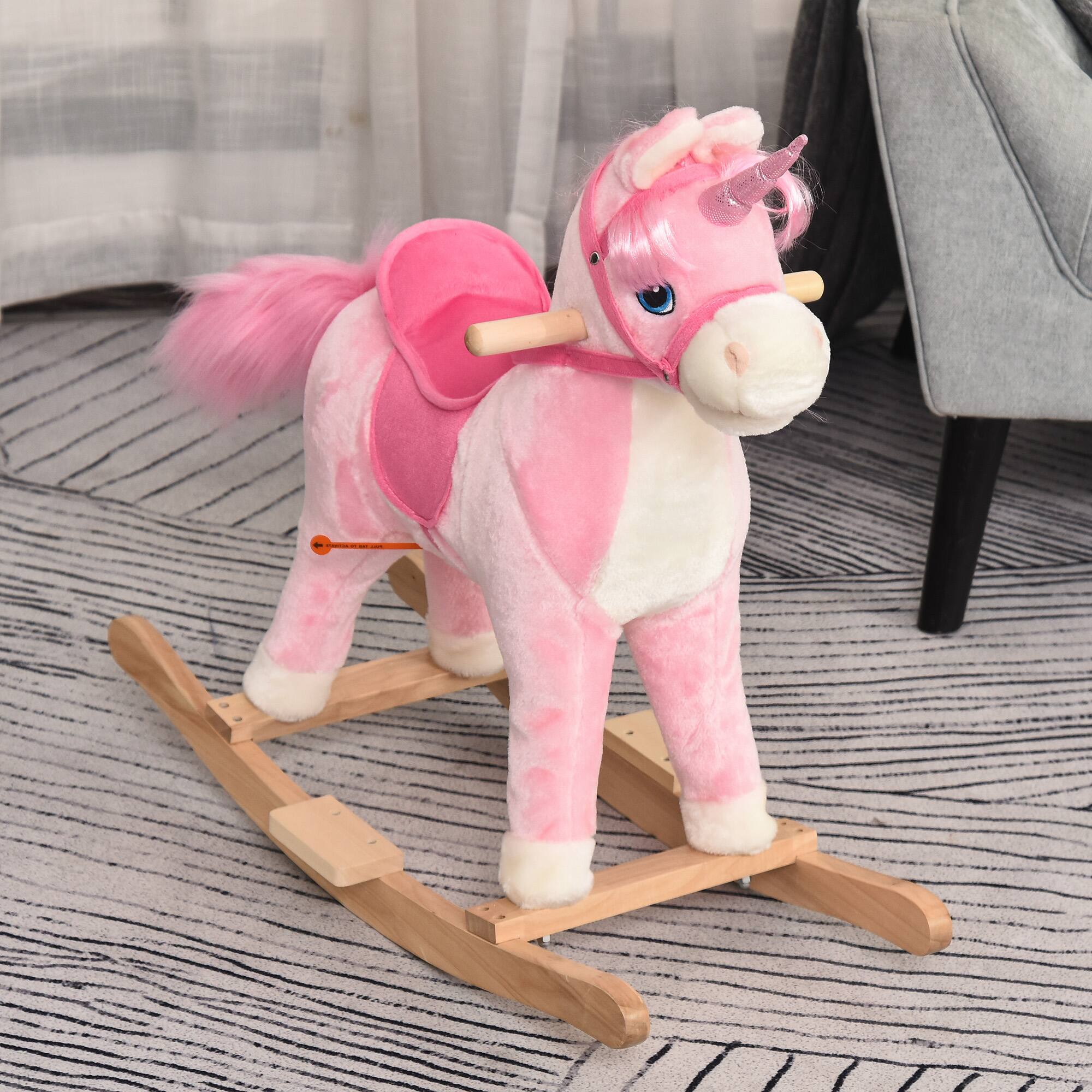 Alt View 5. Glintex - Unicorn Rocking Horse Ride-On Toy for Kids with Sounds, Moving Tail, and Plush Seat - Pink.