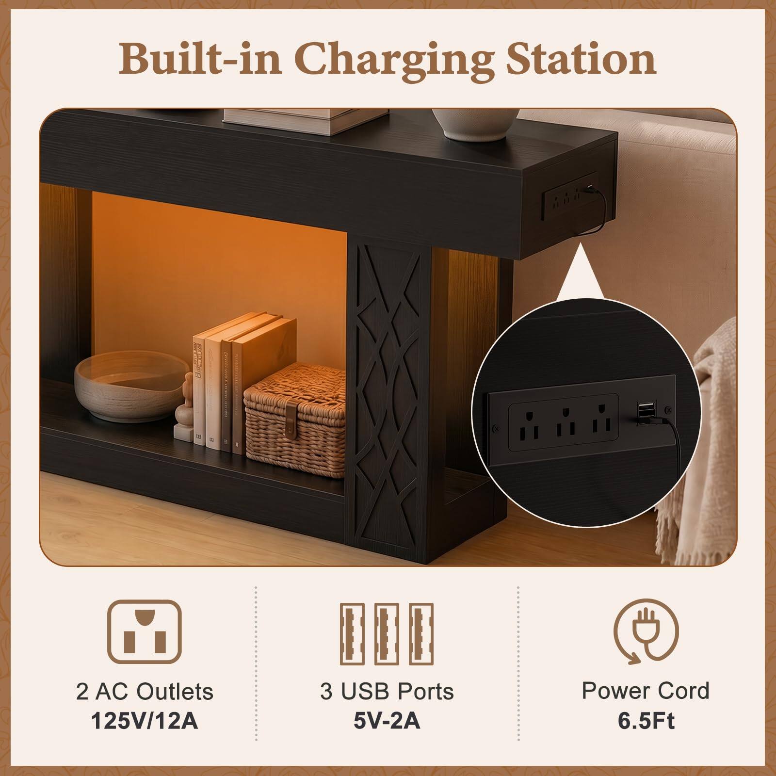 Built-in Charging Station

2 AC Outlets 125V/12A

3 USB Ports 5V-2A

Power Cord 6.5Ft
