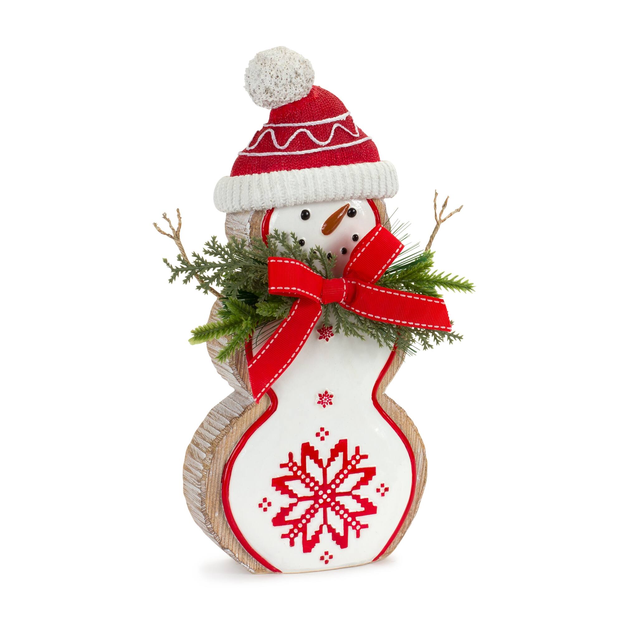 Left. BreeBe - Nordic Snowflake Snowman Figurine with Pine Bow Accent (Set of 2) - White, Red, Green.