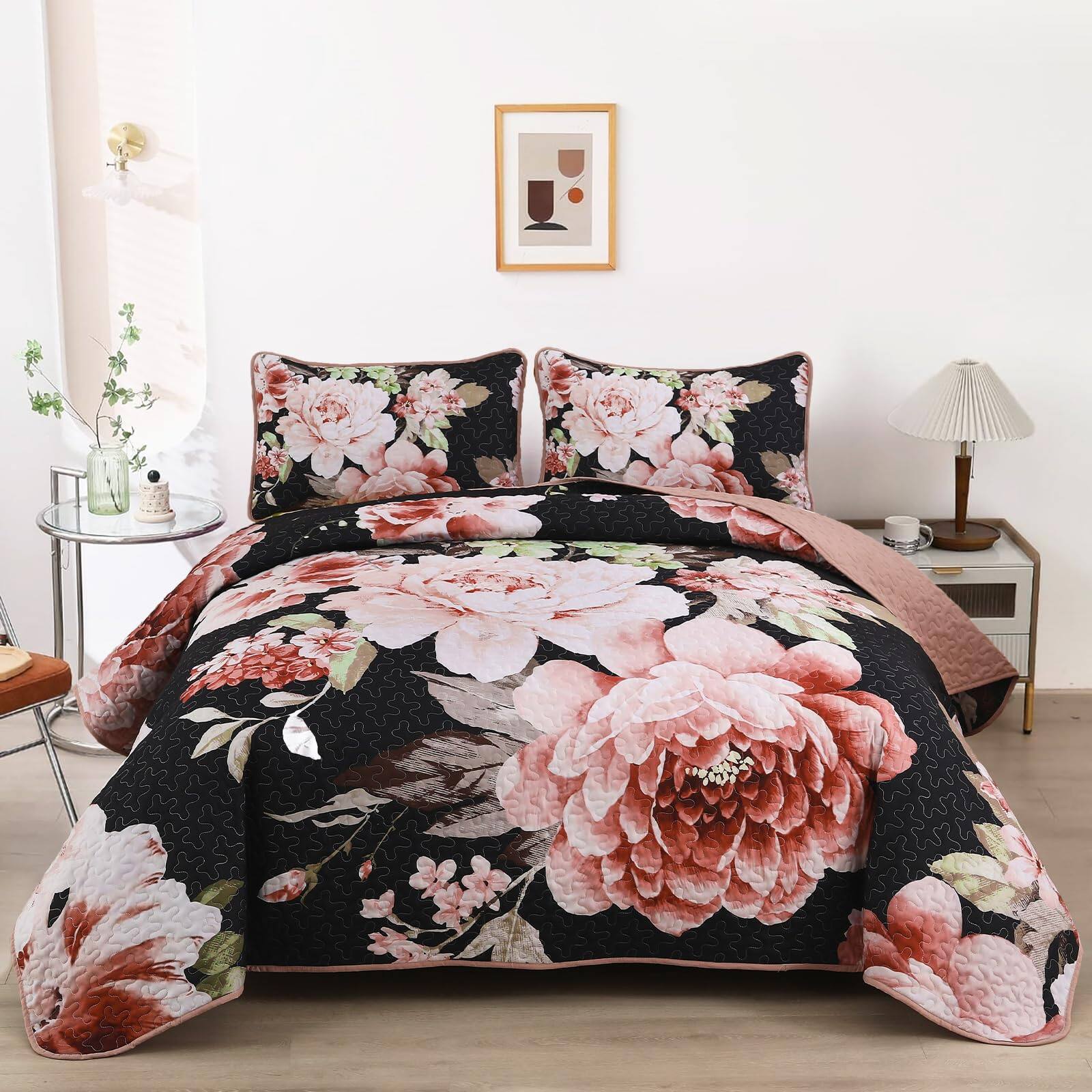 Front. PO3TICJUNKI3 - Floral Quilt Set Queen 3 Pieces Elegant Flower For All Season Soft Microfiber Lightweight Reversible - Black-Queen 90"×96".