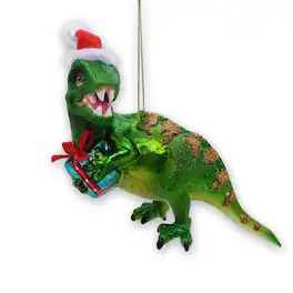 OrnamentallyYou - Green Christmas T-Rex Glass Ornament - Multi-colored